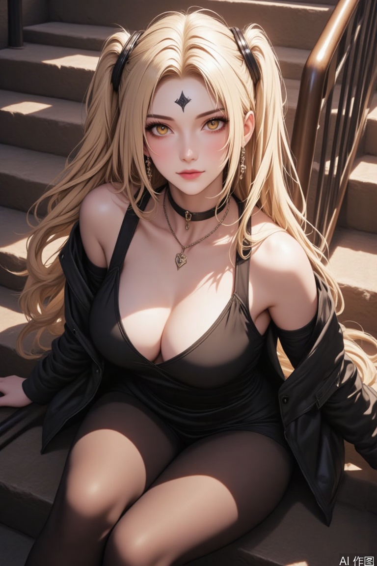 lvjing, Blonde hair, long hair, twin tails, eyebrow scars, yellow eyes, fair skin, breasts, stairs, solo, pantyhose, sitting, high heels, cleavage, jewelry, black shoes, jacket, earrings, large breasts, watching the audience, black jacket, open top jacket, dress, collarbone, open top clothes, black dress, black pantyhose
