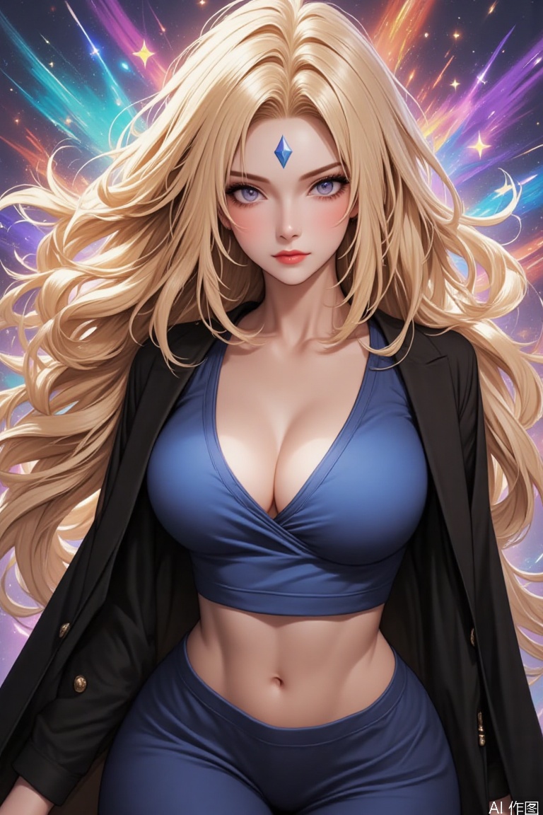 8K,4K, FTL,Bloom, Very detailed, colorful: 1.4, top details, very detailed, super detailed painting, vivid colors, a girl, blonde hair, long hair, face shape, hair style, expression, eyes, nose, mouth, eyelashes, lipstick, eye shadow, figure, posture, expression, diamond blue mark on forehead, black coat, blue clothes, cowboy photos, pants, big breasts, cleavage, (mature women: 1.5), (mature temperament: 1.5)