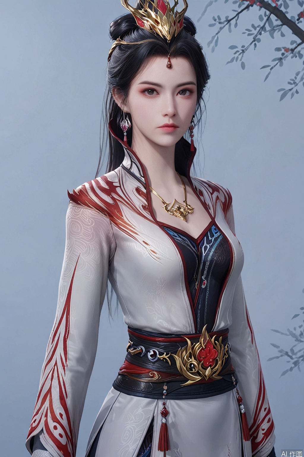 score_9,score_8_up,1girl, solo, black hair, long sleeves, dress, jewelry, earrings, belt, necklace, chinese clothes, realistic,JiuShi