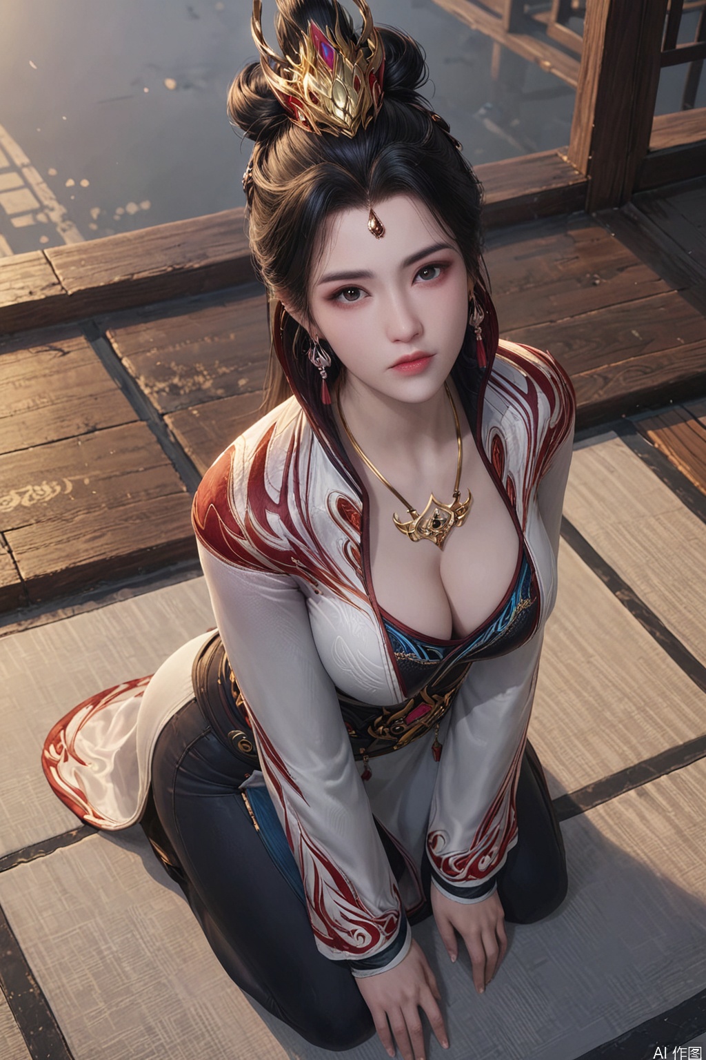 score_9,score_8_up,(From top to bottom):1girl, solo, black hair, long hair, sleeves,big breasts,cleavage,  kneeling&setting on floot, jewelry,earrings, belt, necklace, chinese clothes, realistic,JiuShi,hair bun,looking_at_viewer,
