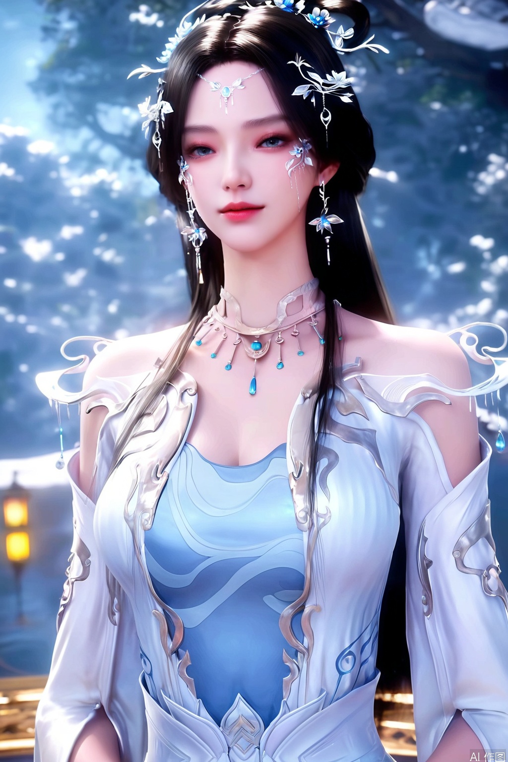 score_9, score_8_up, score_7_up,highly detailed digital,CG,realistic,
1girl, solo, long hair, looking at viewer, black hair, hair ornament, dress, jewelry, upper body, necklace, white dress, blue dress