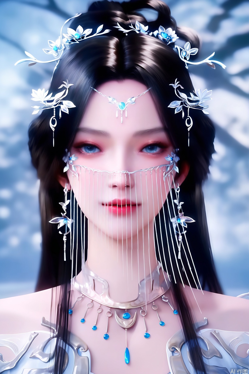 score_9, score_8_up, score_7_up,highly detailed digital,CG,realistic,
1girl, solo, long hair, looking at viewer, blue eyes, black hair, hair ornament, dress, jewelry, upper body, earrings,necklace, veil, forehead mark