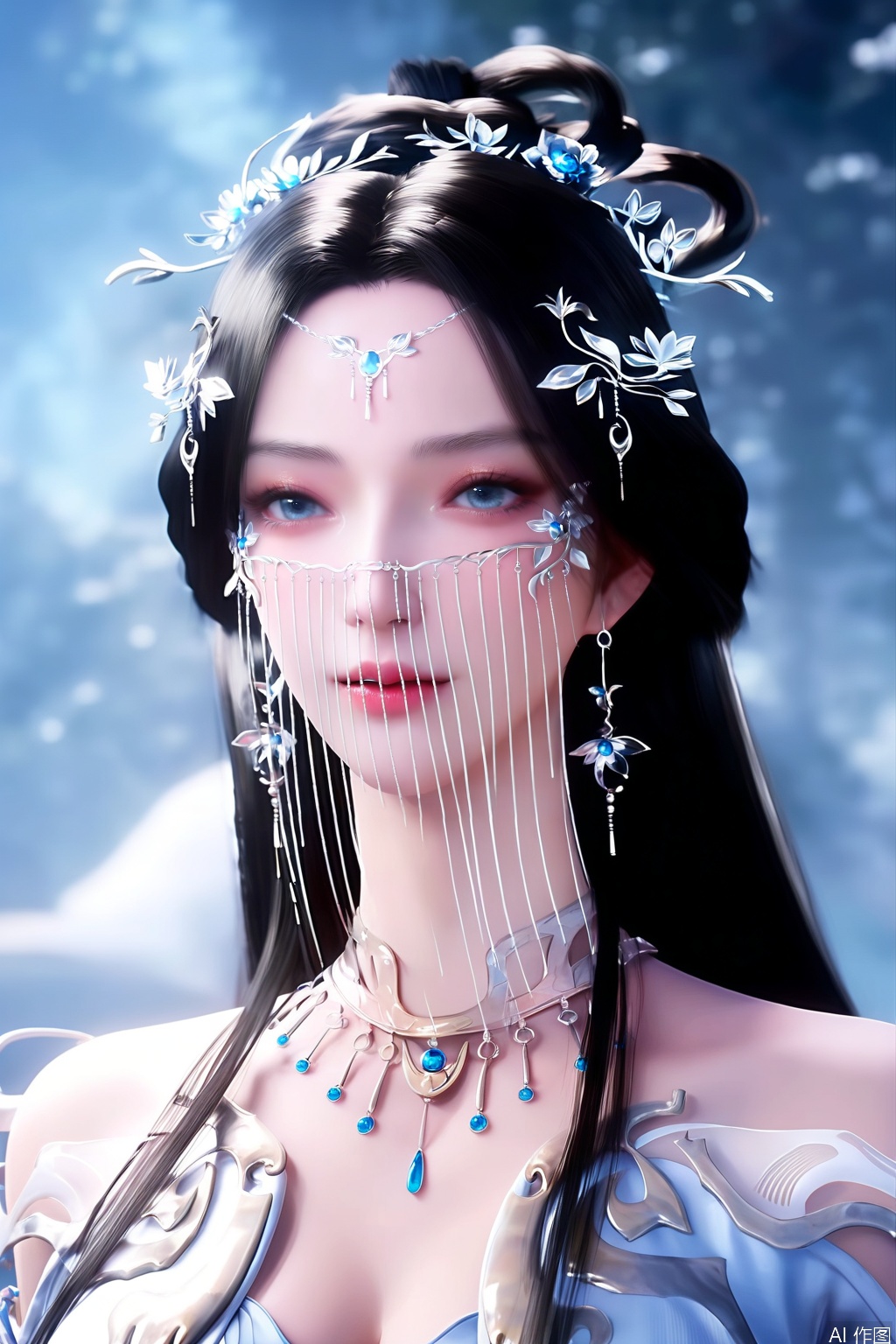 score_9, score_8_up, score_7_up,highly detailed digital,CG,11girl, solo, long hair, looking at viewer, blue eyes, black hair, hair ornament, dress, jewelry, upper body, earrings, shiny, necklace, veil, forehead mark
