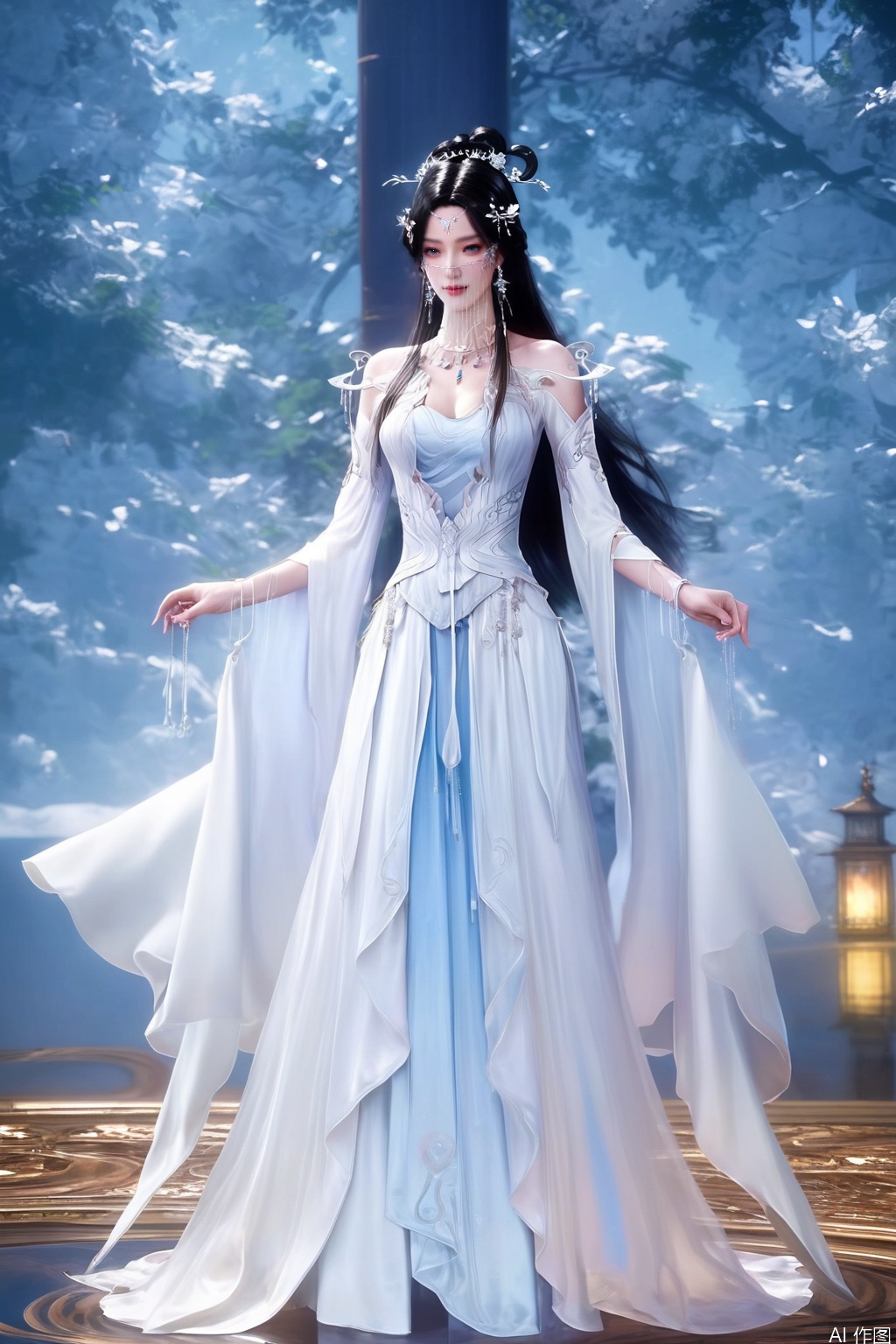 score_9, score_8_up, score_7_up,highly detailed digital,CG,realistic,
1girl, solo, long hair, blue eyes, black hair, hair ornament, veil,standing, full body, white dress