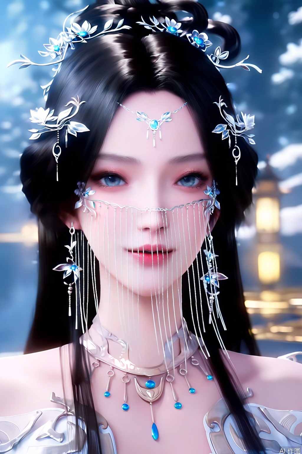 score_9, score_8_up, score_7_up,highly detailed digital,CG,11girl, solo, long hair, looking at viewer, blue eyes, black hair, hair ornament, dress, jewelry, upper body, earrings, shiny, necklace, veil, forehead mark