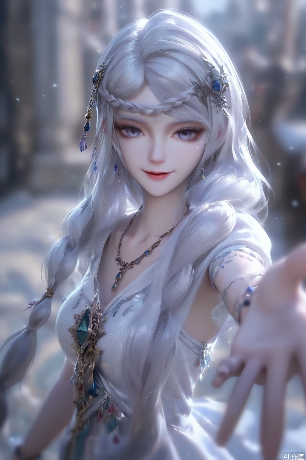 score_9,score_8_up,score_7_up,1girl,solo,looking at viewer,long hair,dress,hair ornament,jewelry,necklace,very long hair,braid,white hair,necklace,white dress,bracelet,blurry background,smile,reaching_out,portrait,pov,A clear hand
