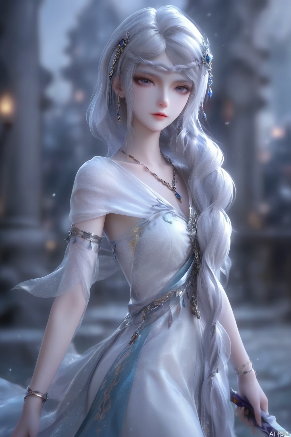score_9,score_8_up,score_7_up,1girl,solo,looking at viewer,long hair,dress,hair ornament,jewelry,necklace,very long hair,braid,white hair,necklace,white dress,bracelet,blurry background,Handheld weapon,sword