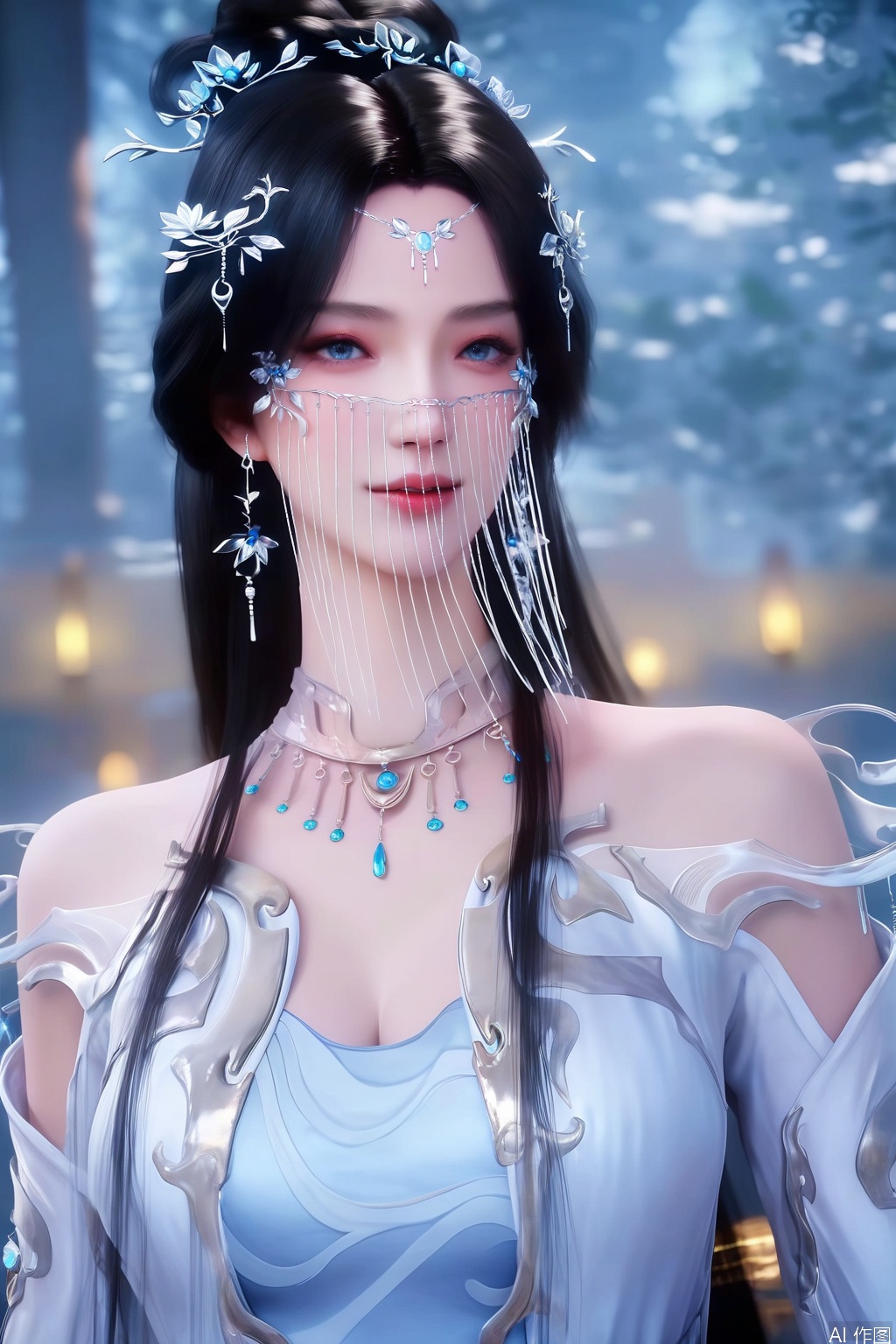 score_9, score_8_up, score_7_up,highly detailed digital,CG,realistic,
1girl, solo, long hair, blue eyes, black hair, hair ornament, veil,