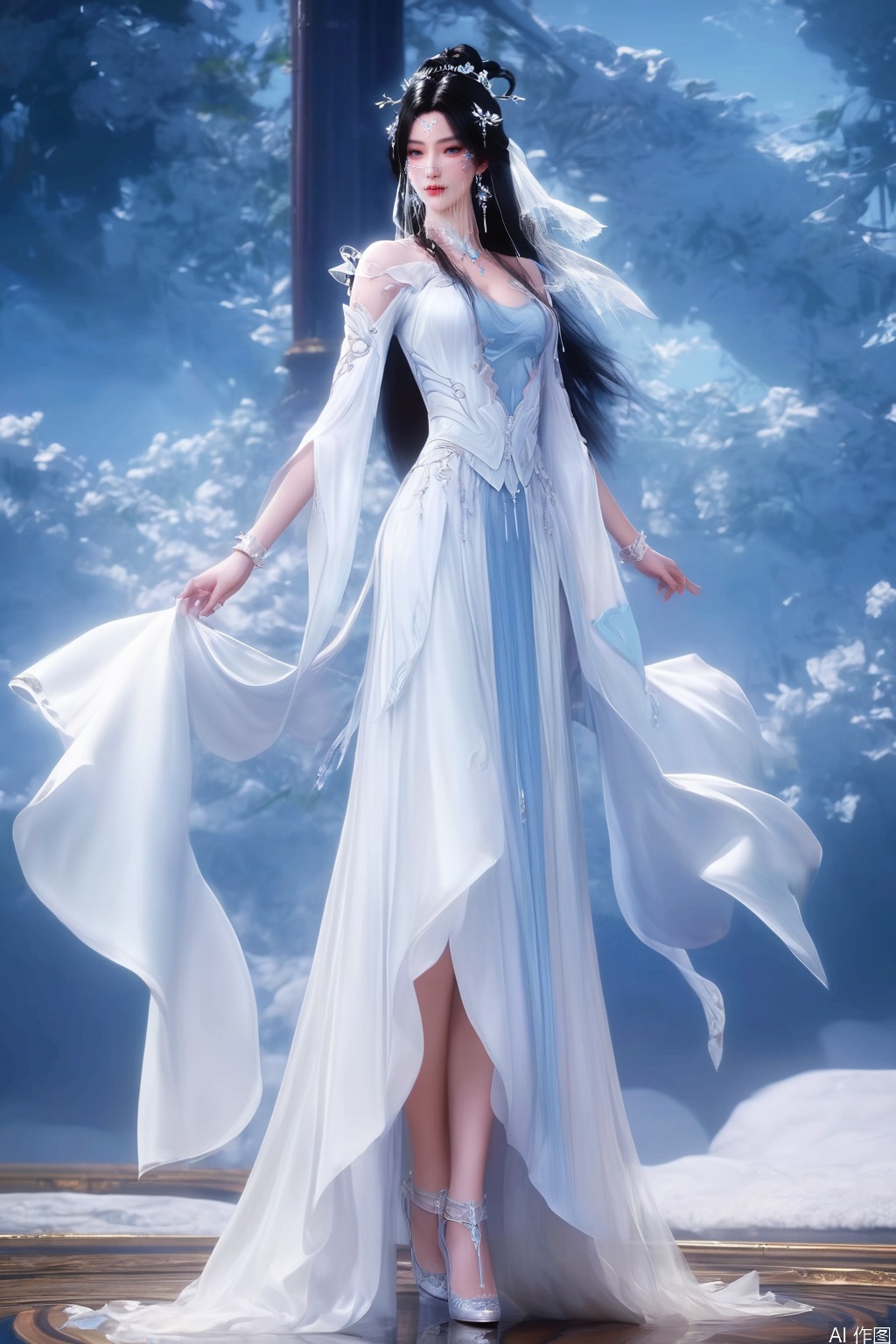 score_9, score_8_up, score_7_up,highly detailed digital,CG,realistic,
1girl, solo, long hair, blue eyes, black hair, hair ornament, veil,standing, full body, white dress