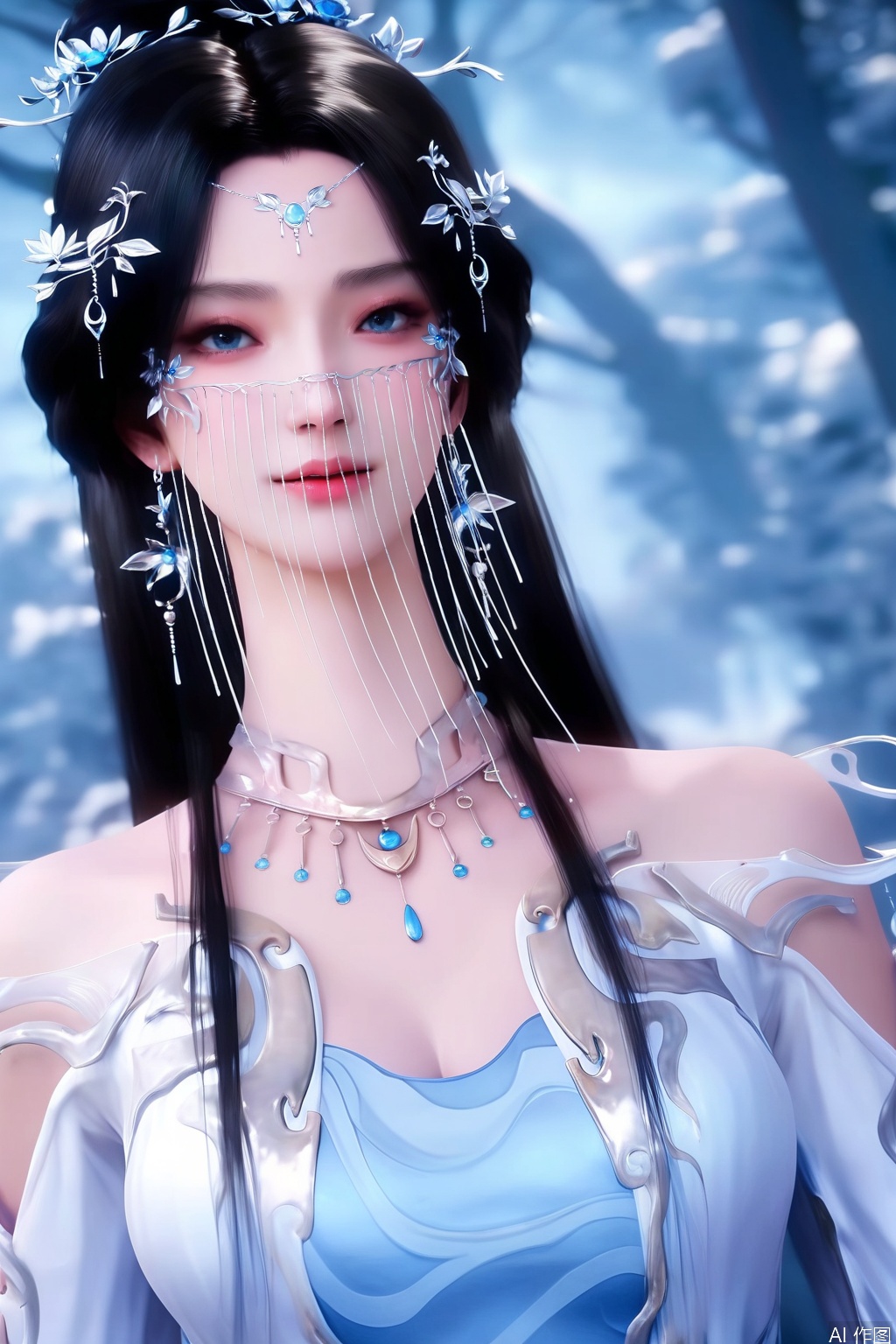 score_9, score_8_up, score_7_up,highly detailed digital,CG,realistic,
1girl, solo, long hair, blue eyes, black hair, hair ornament, veil,upper body, necklace, white dress, blue dress