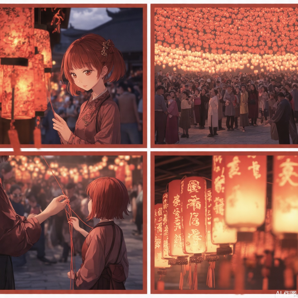 The image is a series of panels depicting a scene of a young girl, with short red hair, participating in a traditional lantern festival. The panels show her interacting with red lanterns, writing on one, and setting up another. The background features a crowd of people dressed in traditional attire, standing in a dimly lit area, possibly a street or a temple. The lanterns are illuminated, casting a warm glow, and the atmosphere is festive. The girl appears focused and engaged in the activity, suggesting a sense of cultural or historical significance.The girl tied the rope to the lantern, and then she lowered her head
