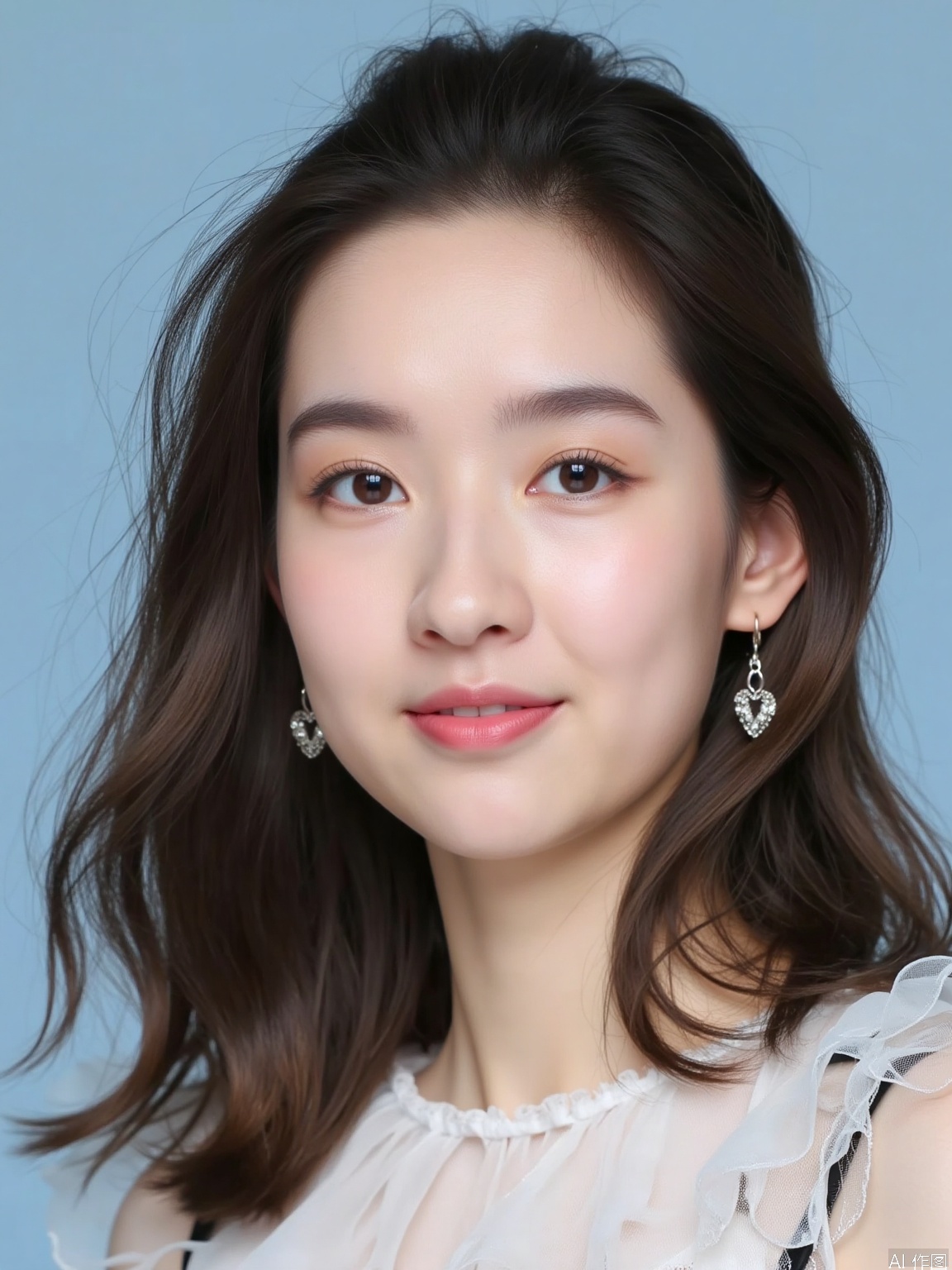 A stunning close-up portrait of a single girl, ID photo,directly gazing at the viewer with a warm, subtle smile. Her rich brown locks cascade down her back, framing her heart-shaped face and striking brown eyes that seem to sparkle with secrets. A delicate pair of earrings adorns her ears, drawing attention to her plush lips, which are pressed together in a closed-mouth expression. The upper half of her body is presented, showcasing her porcelain complexion against the calming blue background. Her nose, pert and proportional, adds to the overall realism of this captivating portrait.
