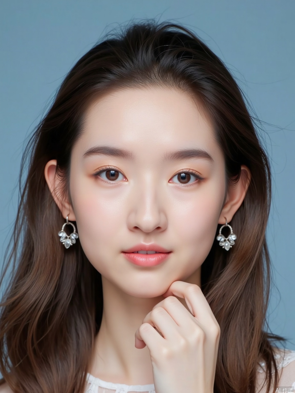 A stunning close-up portrait of a single girl, ID photo,directly gazing at the viewer with a warm, subtle smile. Her rich brown locks cascade down her back, framing her heart-shaped face and striking brown eyes that seem to sparkle with secrets. A delicate pair of earrings adorns her ears, drawing attention to her plush lips, which are pressed together in a closed-mouth expression. The upper half of her body is presented, showcasing her porcelain complexion against the calming blue background. Her nose, pert and proportional, adds to the overall realism of this captivating portrait.
