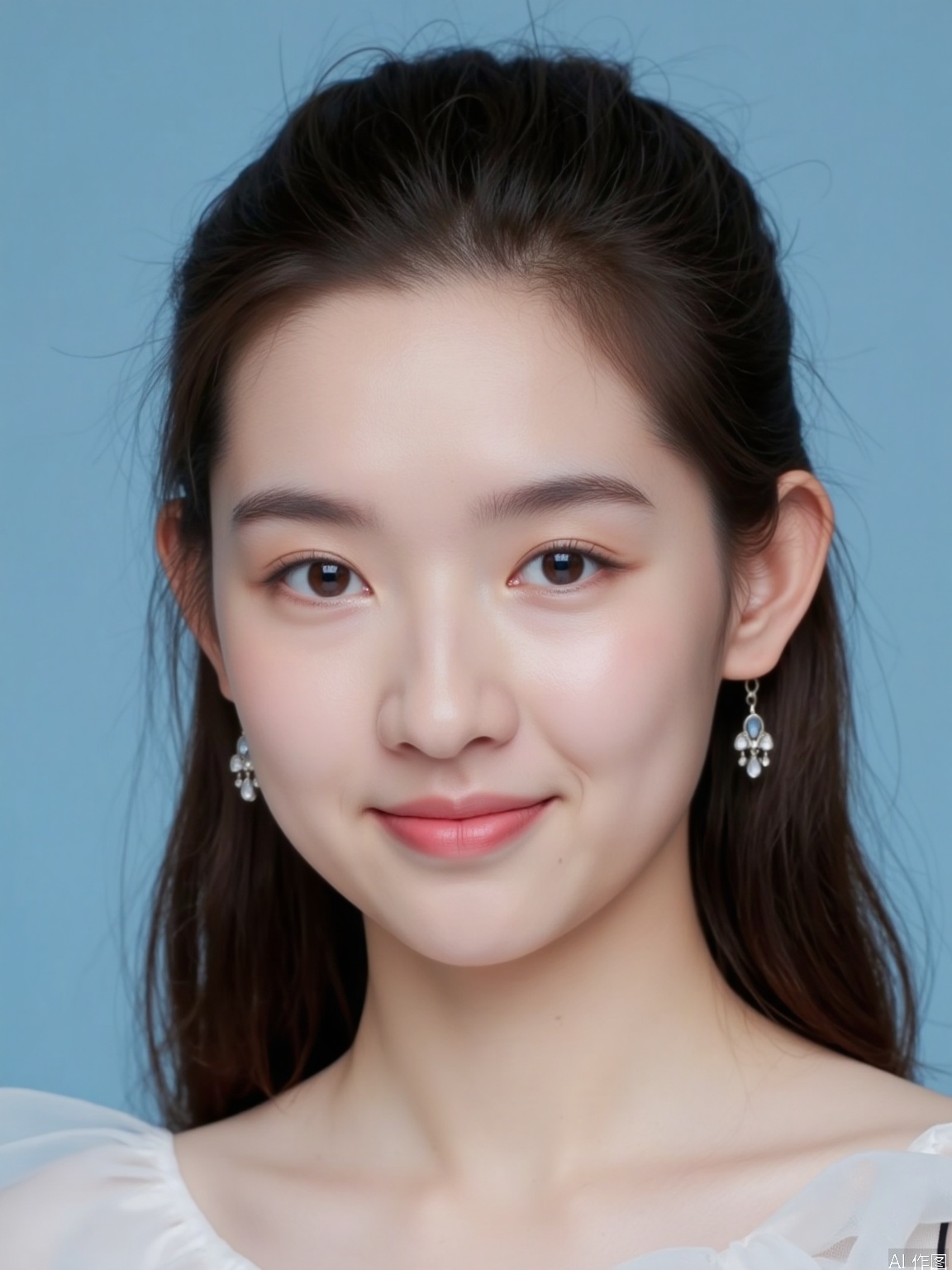 A stunning close-up portrait of a single girl, ID photo,directly gazing at the viewer with a warm, subtle smile. Her rich brown locks cascade down her back, framing her heart-shaped face and striking brown eyes that seem to sparkle with secrets. A delicate pair of earrings adorns her ears, drawing attention to her plush lips, which are pressed together in a closed-mouth expression. The upper half of her body is presented, showcasing her porcelain complexion against the calming blue background. Her nose, pert and proportional, adds to the overall realism of this captivating portrait.
