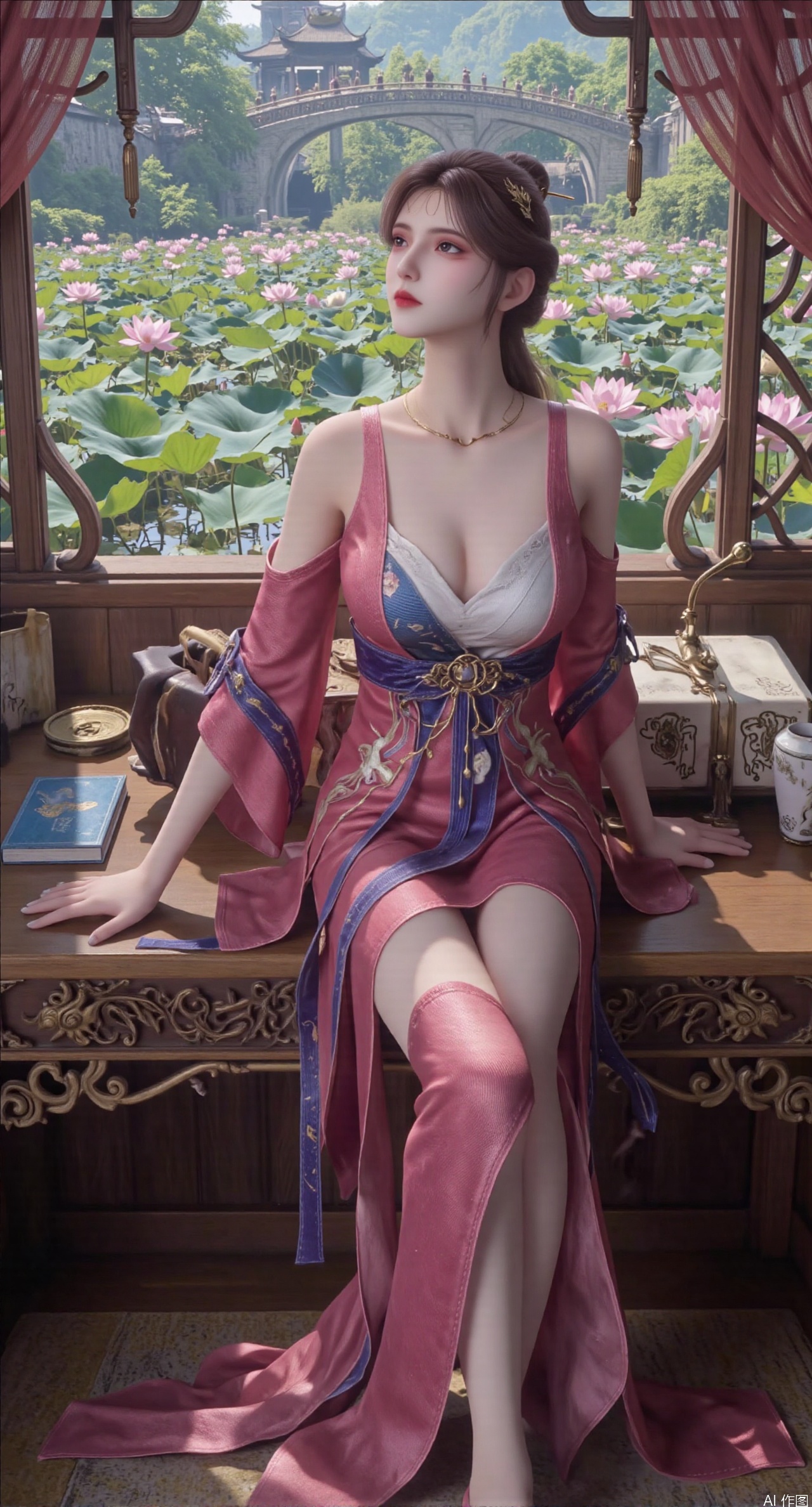 SFW,(masterpiece, best quality:1.2),1girl, solo, long dress,Ancient princess's boudoir with bright color palette,,(huge breasts:2.39),(full breasts:2.39), Hanfu-clad maiden sitting by latticed window desk in romantic daydreaming posture, classical Chinese garden through window showcasing lotus pond filled with blooming pink and white lotuses, delicate ink-wash painting style, interior featuring rosewood furniture with mother-of-pearl inlay, silk curtains fluttering in breeze, porcelain stationery set on desk, distant view of curved bridges and pavilions in garden, ultra HD rendering with crisp details on embroidered garments and translucent lotus petals,,(huge breasts:2.99),(full breasts:2.99),,XtianqiongY,XliumeiY,XyueliuY,Xxiaowu,Xyusanniang,Xxuenv