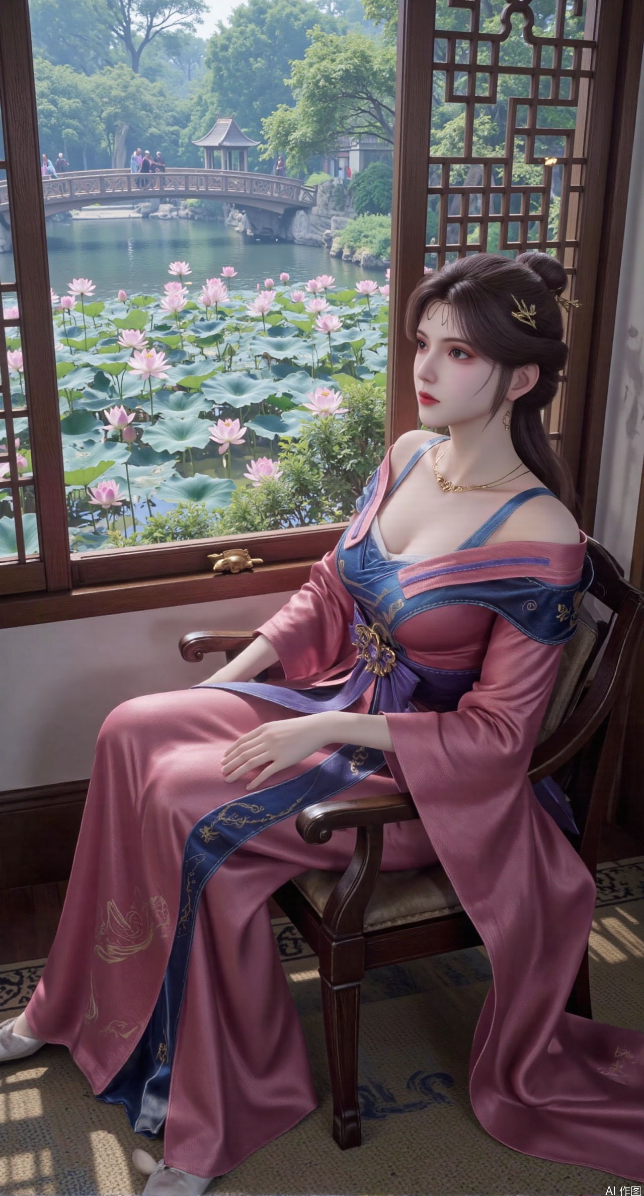 SFW,(masterpiece, best quality:1.2),1girl, solo, long dress,Ancient princess's boudoir with bright color palette,,(huge breasts:2.39),(full breasts:2.39), Hanfu-clad maiden sitting by latticed window desk in romantic daydreaming posture, classical Chinese garden through window showcasing lotus pond filled with blooming pink and white lotuses, delicate ink-wash painting style, interior featuring rosewood furniture with mother-of-pearl inlay, silk curtains fluttering in breeze, porcelain stationery set on desk, distant view of curved bridges and pavilions in garden, ultra HD rendering with crisp details on embroidered garments and translucent lotus petals,,(huge breasts:2.99),(full breasts:2.99),,XtianqiongY,XliumeiY,XyueliuY,Xxiaowu,Xyusanniang,Xxuenv