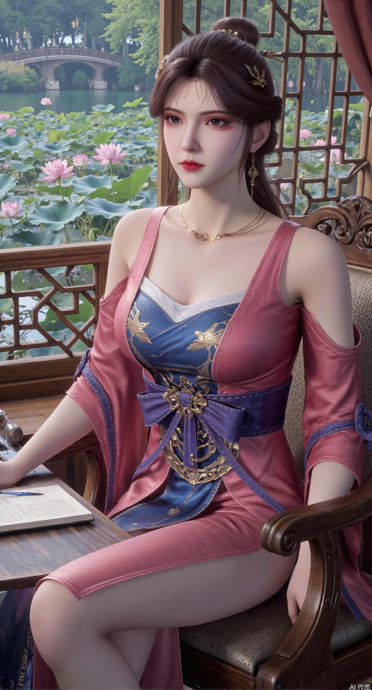 SFW,(masterpiece, best quality:1.2),1girl, solo, long dress,Ancient princess's boudoir with bright color palette,,(huge breasts:2.39),(full breasts:2.39), Hanfu-clad maiden sitting by latticed window desk in romantic daydreaming posture, classical Chinese garden through window showcasing lotus pond filled with blooming pink and white lotuses, delicate ink-wash painting style, interior featuring rosewood furniture with mother-of-pearl inlay, silk curtains fluttering in breeze, porcelain stationery set on desk, distant view of curved bridges and pavilions in garden, ultra HD rendering with crisp details on embroidered garments and translucent lotus petals,,(huge breasts:2.99),(full breasts:2.99),,XtianqiongY,XliumeiY,XyueliuY,Xxiaowu,Xyusanniang,Xxuenv