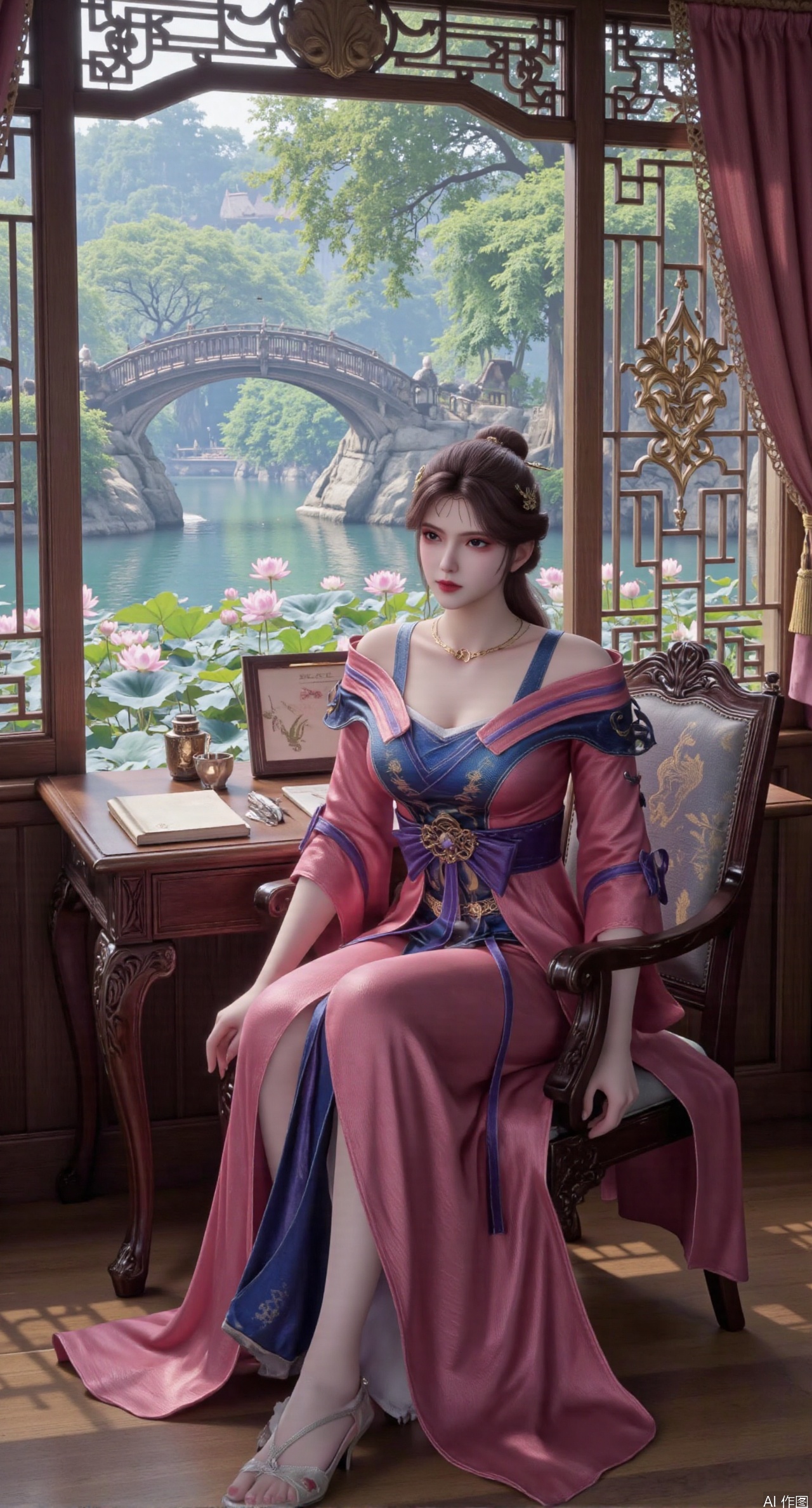 SFW,(masterpiece, best quality:1.2),1girl, solo, long dress,Ancient princess's boudoir with bright color palette,,(huge breasts:2.39),(full breasts:2.39), Hanfu-clad maiden sitting by latticed window desk in romantic daydreaming posture, classical Chinese garden through window showcasing lotus pond filled with blooming pink and white lotuses, delicate ink-wash painting style, interior featuring rosewood furniture with mother-of-pearl inlay, silk curtains fluttering in breeze, porcelain stationery set on desk, distant view of curved bridges and pavilions in garden, ultra HD rendering with crisp details on embroidered garments and translucent lotus petals,,(huge breasts:2.99),(full breasts:2.99),,XtianqiongY,XliumeiY,XyueliuY,Xxiaowu,Xyusanniang,Xxuenv