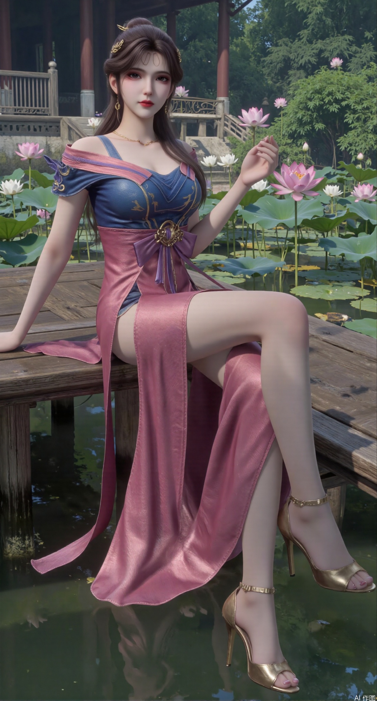 SFW,(masterpiece:1.2),best quality,The image is a digital illustration of a young woman sitting on a wooden bench in a pond with lily pads. She is wearing a long dress with design on the chest and sleeves. The dress has a high neckline and short sleeves,Holding a lotus in hand. She has long dark hair styled in loose waves and is wearing gold high heels. The woman is posing with one hand on her hip and the other resting on the edge of the bench. The background is filled with pink and white lotus flowers and green leaves. The overall mood of the image is peaceful and serene,(huge breasts:2.99),(full breasts:2.99),(Background with traditional Chinese architecture, lotus pond and pink lotus flowers:1.39),XtianqiongY,XliumeiY,XyueliuY,Xxiaowu,Xyusanniang,Xxuenv