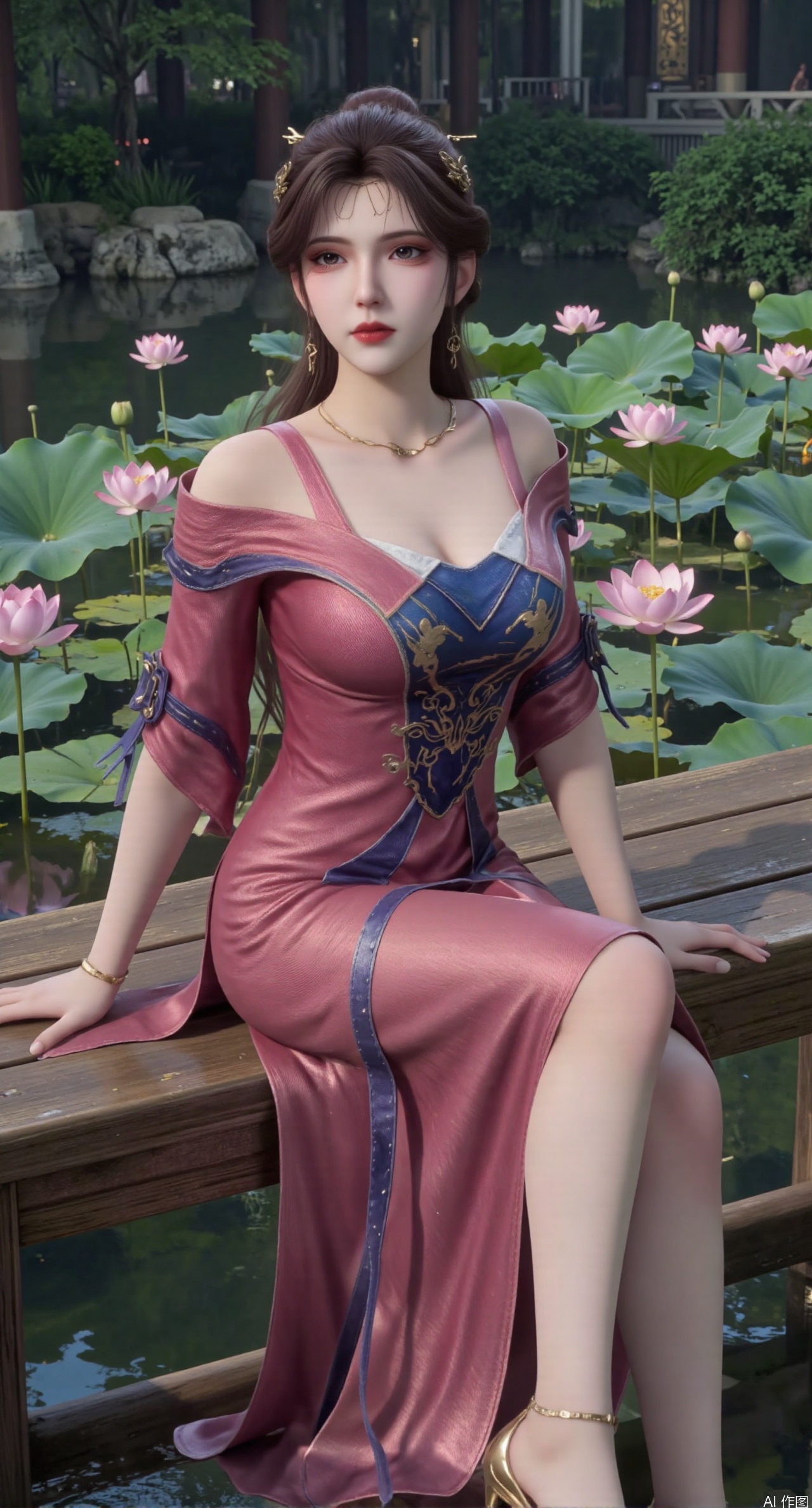 SFW,(masterpiece:1.2),best quality,The image is a digital illustration of a young woman sitting on a wooden bench in a pond with lily pads. She is wearing a long dress with design on the chest and sleeves. The dress has a high neckline and short sleeves,Holding a lotus in hand. She has long dark hair styled in loose waves and is wearing gold high heels. The woman is posing with one hand on her hip and the other resting on the edge of the bench. The background is filled with pink and white lotus flowers and green leaves. The overall mood of the image is peaceful and serene,(huge breasts:2.99),(full breasts:2.99),(Background with traditional Chinese architecture, lotus pond and pink lotus flowers:1.39),XtianqiongY,XliumeiY,XyueliuY,Xxiaowu,Xyusanniang,Xxuenv