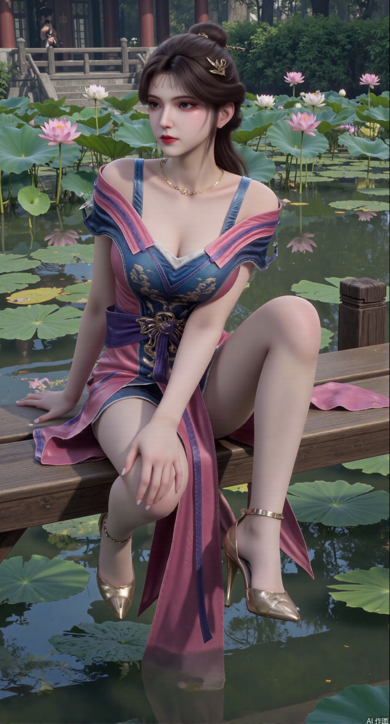 SFW,(masterpiece:1.2),best quality,The image is a digital illustration of a young woman sitting on a wooden bench in a pond with lily pads. She is wearing a long dress with design on the chest and sleeves. The dress has a high neckline and short sleeves,Holding a lotus in hand. She has long dark hair styled in loose waves and is wearing gold high heels. The woman is posing with one hand on her hip and the other resting on the edge of the bench. The background is filled with pink and white lotus flowers and green leaves. The overall mood of the image is peaceful and serene,(huge breasts:2.99),(full breasts:2.99),(Background with traditional Chinese architecture, lotus pond and pink lotus flowers:1.39),XtianqiongY,XliumeiY,XyueliuY,Xxiaowu,Xyusanniang,Xxuenv