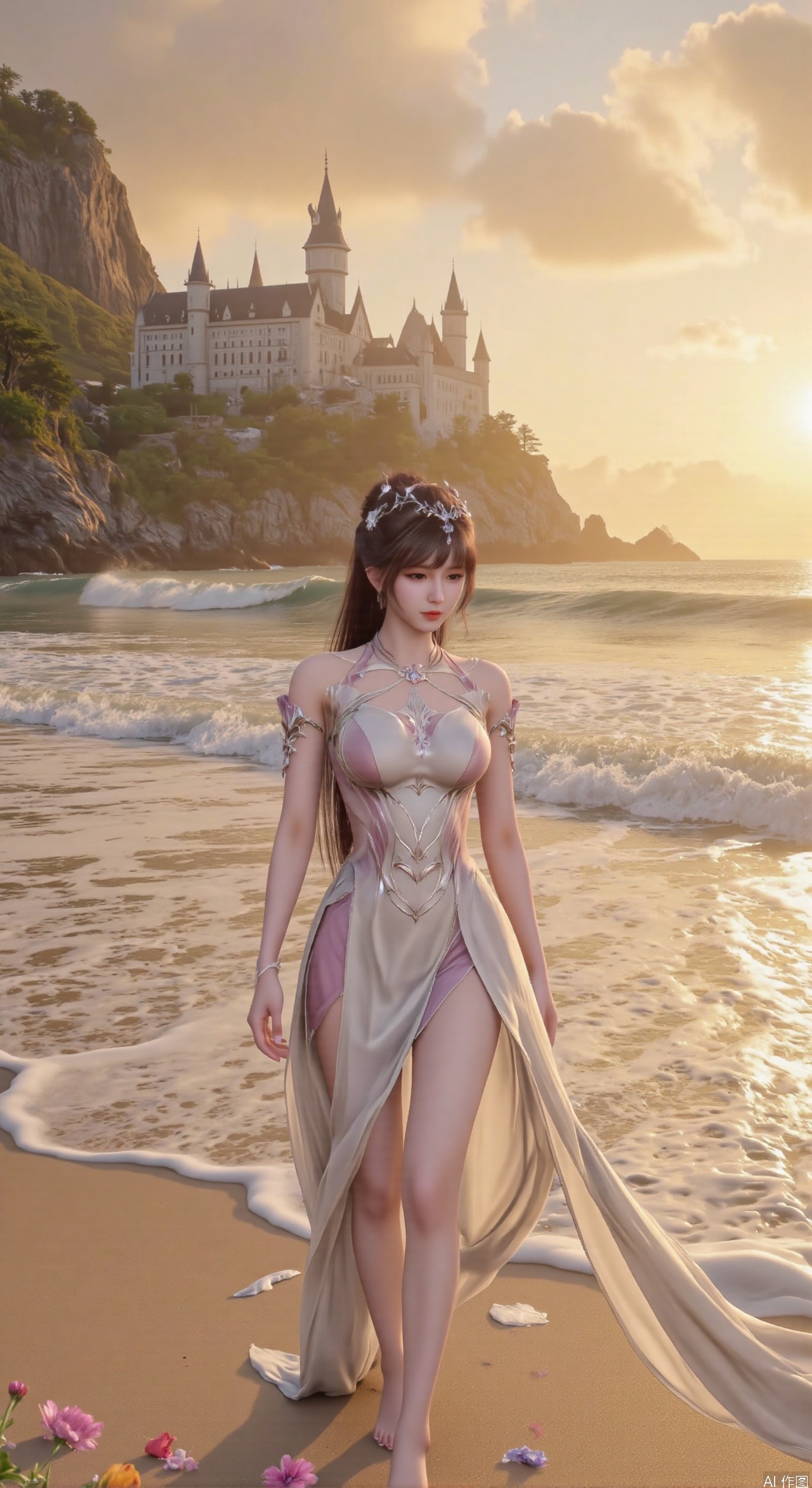  SFW,(masterpiece:1.2),best quality,3d anime style, cg,absurdres,masterpiece,original,extremely detailed wallpaper,perfect lighting,official art, A young woman in embroidered qipao standing barefoot on golden sandy beach, colorful flowers around feet, ocean waves washing over feet, white medieval castle with pointed towers resembling Neuschwanstein Castle perched on steep cliff in background, golden sunset rays piercing through clouds, ultra-wide angle composition with detailed foreground sand textures, dynamic mid-shot of figure interacting with waves, three-dimensional castle structure in background, high saturation colors, 8K resolution, precise depth of field control, HDR lighting, surreal elements blended with photorealistic details, realistic water reflections, intricate silk fabric texture, castle floating in mist atmosphere,(huge breasts:2.99),(full breasts:2.99),Xhenge,Xshisanyi