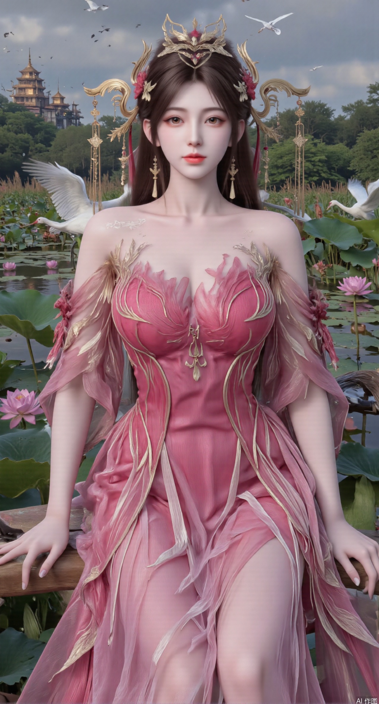  SFW,(masterpiece:1.2),best quality,1girl,solo,long hair,long dress,celestial maiden in flowing tulle gown levitates above lotus pond, ethereal mist trails from hair ribbons, mythical Penglai paradise emerges through clouds with glowing pavilions, translucent bioluminescent lotus blooms, flock of cranes gliding over water surface, ultra HD with soft 3D rendering, morning light filters through mist, falling petal rain, intricate details on scale-patterned fabric and lotus veins.(huge breasts:2.99),(full breasts:2.99),Xzhihua,Xsiyouyou,Xyanruyu,Xmoxiaonan,Xyeqingxian,Xyunwangshu,XlishaoyinY,Xxiaowu,Xyusanniang,XhuolingerHHY