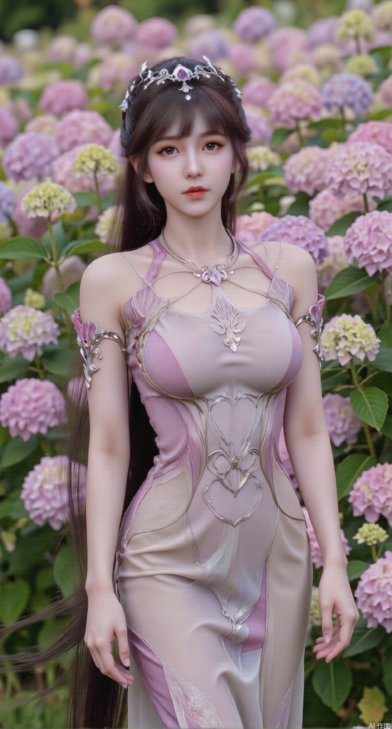  SFW,(masterpiece:1.2),best quality,absurdres,masterpiece,original,extremely detailed wallpaper,perfect lighting,1girl,solo,looking at viewer,(cowboy_shot:1.3),long hair,high heels,blurry background,depth of field,motion blur,(long dress:1.23),china_dress,chinese_style,bare shouders,crystal_earrings,headpiece,hair_tie,chest_jewel,gem,necklace,jewelry,in summer,day,outdoors,nature,garden,,(standing,Hydrangea, Hydrangea Field:1.59),(huge breasts:2.99),(full breasts:2.99),Xzhihua,Xsiyouyou,Xyanruyu,Xmoxiaonan,Xyeqingxian,Xyunwangshu,XlishaoyinY,Xxiaowu,Xyusanniang,XhuolingerHHY
