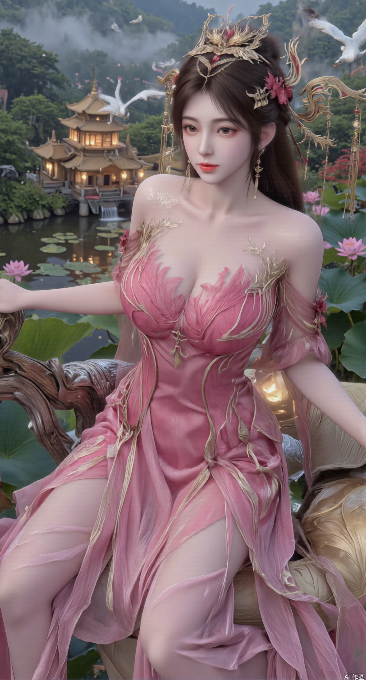  SFW,(masterpiece:1.2),best quality,1girl,solo,long hair,long dress,celestial maiden in flowing tulle gown levitates above lotus pond, ethereal mist trails from hair ribbons, mythical Penglai paradise emerges through clouds with glowing pavilions, translucent bioluminescent lotus blooms, flock of cranes gliding over water surface, ultra HD with soft 3D rendering, morning light filters through mist, falling petal rain, intricate details on scale-patterned fabric and lotus veins.(huge breasts:2.99),(full breasts:2.99),Xzhihua,Xsiyouyou,Xyanruyu,Xmoxiaonan,Xyeqingxian,Xyunwangshu,XlishaoyinY,Xxiaowu,Xyusanniang,XhuolingerHHY
