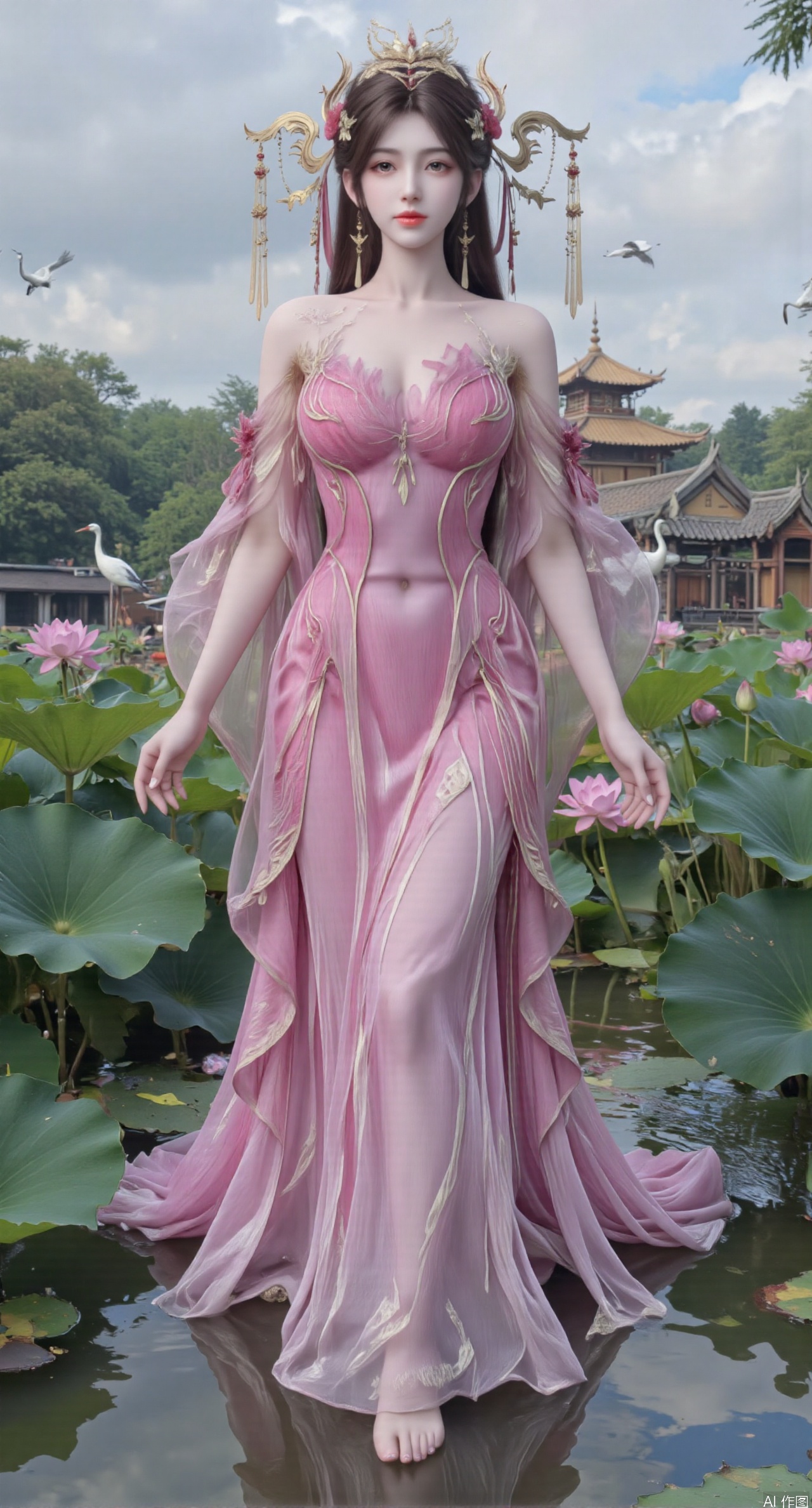  SFW,(masterpiece:1.2),best quality,1girl,solo,long hair,long dress,celestial maiden in flowing tulle gown levitates above lotus pond, ethereal mist trails from hair ribbons, mythical Penglai paradise emerges through clouds with glowing pavilions, translucent bioluminescent lotus blooms, flock of cranes gliding over water surface, ultra HD with soft 3D rendering, morning light filters through mist, falling petal rain, intricate details on scale-patterned fabric and lotus veins.(huge breasts:2.99),(full breasts:2.99),Xzhihua,Xsiyouyou,Xyanruyu,Xmoxiaonan,Xyeqingxian,Xyunwangshu,XlishaoyinY,Xxiaowu,Xyusanniang,XhuolingerHHY