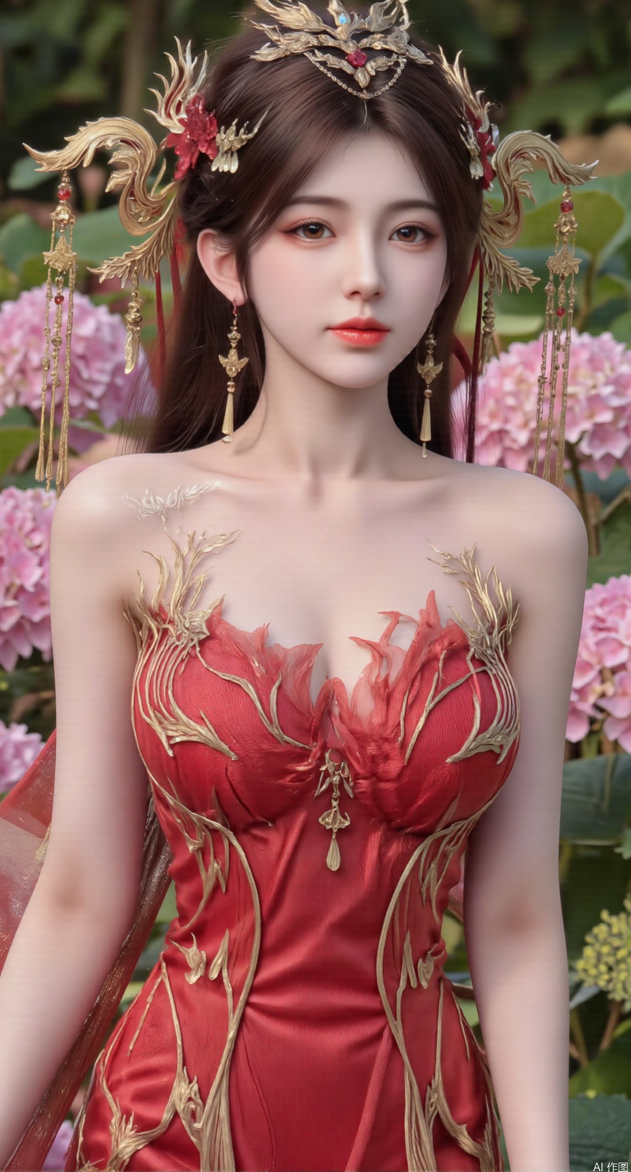  SFW,(masterpiece:1.2),best quality,absurdres,masterpiece,original,extremely detailed wallpaper,perfect lighting,1girl,solo,looking at viewer,(cowboy_shot:1.3),long hair,high heels,blurry background,depth of field,motion blur,(long dress:1.23),china_dress,chinese_style,bare shouders,crystal_earrings,headpiece,hair_tie,chest_jewel,gem,necklace,jewelry,in summer,day,outdoors,nature,garden,,(standing,Hydrangea, Hydrangea Field:1.59),(huge breasts:2.99),(full breasts:2.99),Xzhihua,Xsiyouyou,Xyanruyu,Xmoxiaonan,Xyeqingxian,Xyunwangshu,XlishaoyinY,Xxiaowu,Xyusanniang,XhuolingerHHY
