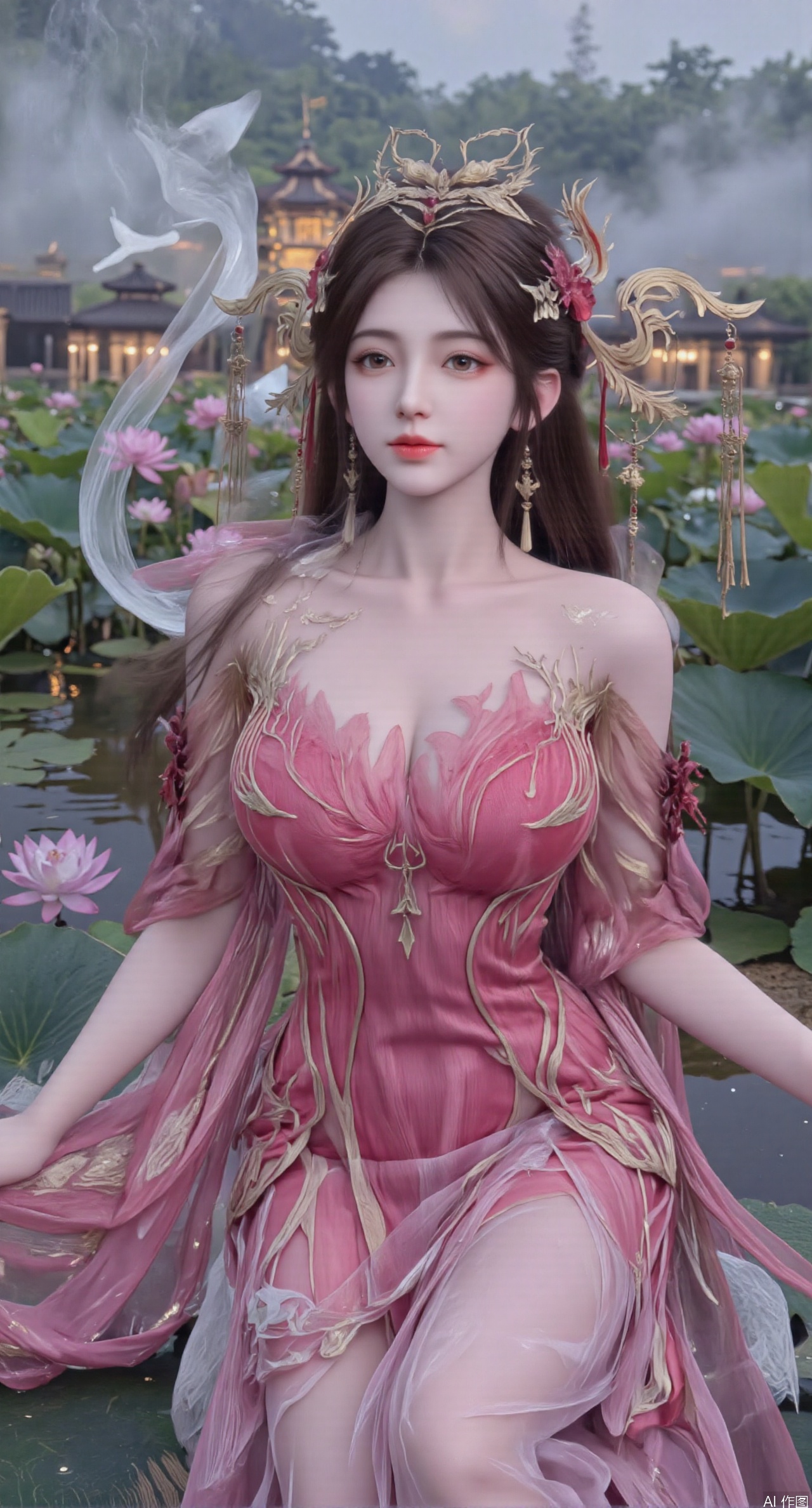  SFW,(masterpiece:1.2),best quality,1girl,solo,long hair,long dress,celestial maiden in flowing tulle gown levitates above lotus pond, ethereal mist trails from hair ribbons, mythical Penglai paradise emerges through clouds with glowing pavilions, translucent bioluminescent lotus blooms, flock of cranes gliding over water surface, ultra HD with soft 3D rendering, morning light filters through mist, falling petal rain, intricate details on scale-patterned fabric and lotus veins.(huge breasts:2.99),(full breasts:2.99),Xzhihua,Xsiyouyou,Xyanruyu,Xmoxiaonan,Xyeqingxian,Xyunwangshu,XlishaoyinY,Xxiaowu,Xyusanniang,XhuolingerHHY