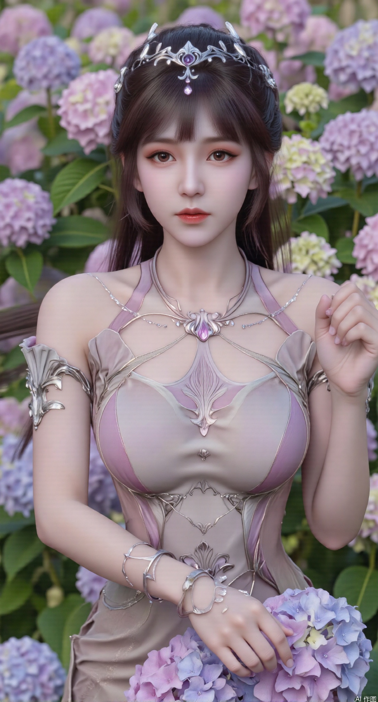  SFW,(masterpiece:1.2),best quality,absurdres,masterpiece,original,extremely detailed wallpaper,perfect lighting,1girl,solo,looking at viewer,(cowboy_shot:1.3),long hair,high heels,blurry background,depth of field,motion blur,(long dress:1.23),china_dress,chinese_style,bare shouders,crystal_earrings,headpiece,hair_tie,chest_jewel,gem,necklace,jewelry,in summer,day,outdoors,nature,garden,,(standing,Hydrangea, Hydrangea Field:1.59),(huge breasts:2.99),(full breasts:2.99),Xzhihua,Xsiyouyou,Xyanruyu,Xmoxiaonan,Xyeqingxian,Xyunwangshu,XlishaoyinY,Xxiaowu,Xyusanniang,XhuolingerHHY
