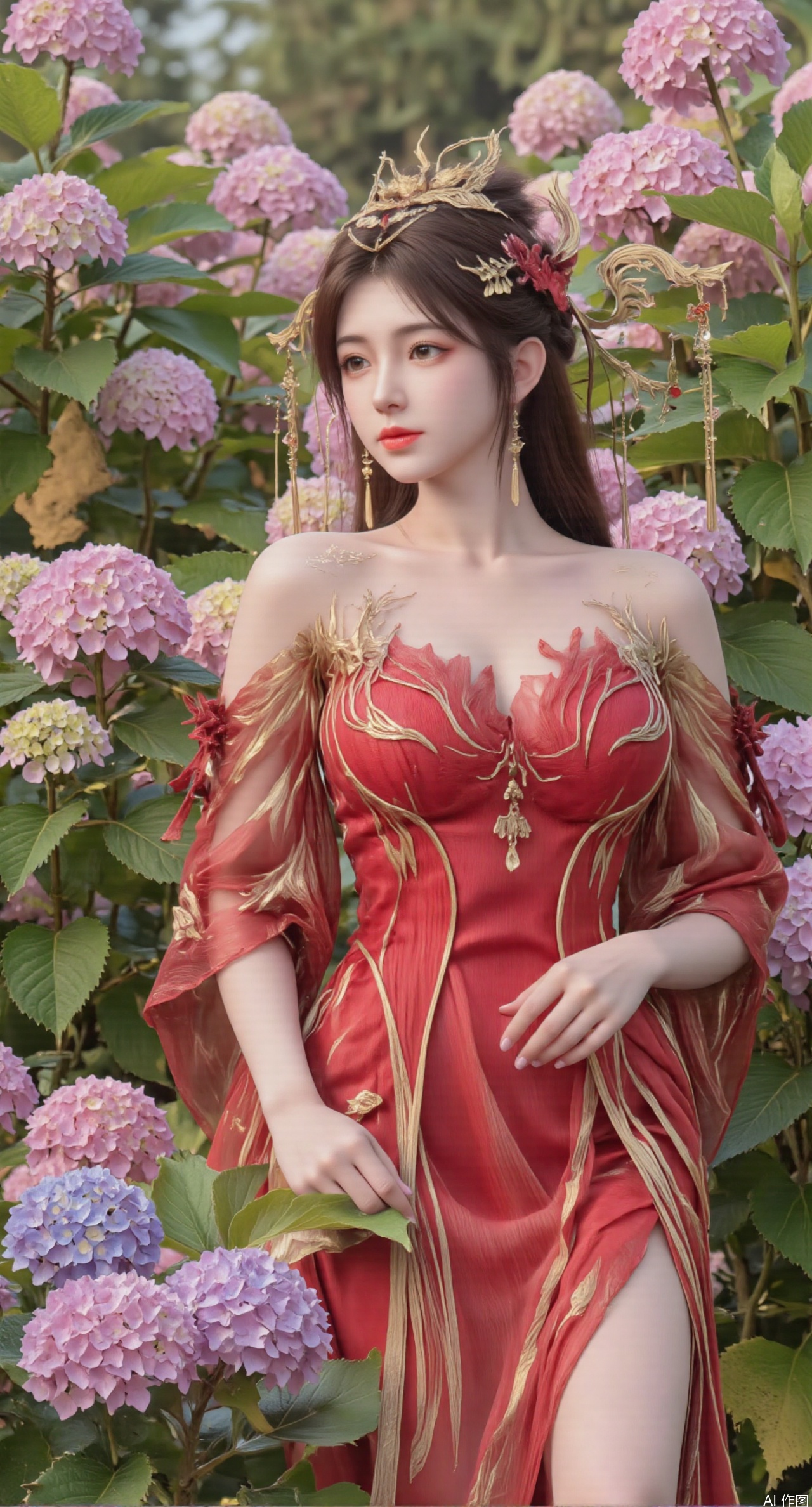  SFW,(masterpiece:1.2),best quality,absurdres,masterpiece,original,extremely detailed wallpaper,perfect lighting,1girl,solo,looking at viewer,(cowboy_shot:1.3),long hair,high heels,blurry background,depth of field,motion blur,(long dress:1.23),china_dress,chinese_style,bare shouders,crystal_earrings,headpiece,hair_tie,chest_jewel,gem,necklace,jewelry,in summer,day,outdoors,nature,garden,,(standing,Hydrangea, Hydrangea Field:1.59),(huge breasts:2.99),(full breasts:2.99),Xzhihua,Xsiyouyou,Xyanruyu,Xmoxiaonan,Xyeqingxian,Xyunwangshu,XlishaoyinY,Xxiaowu,Xyusanniang,XhuolingerHHY