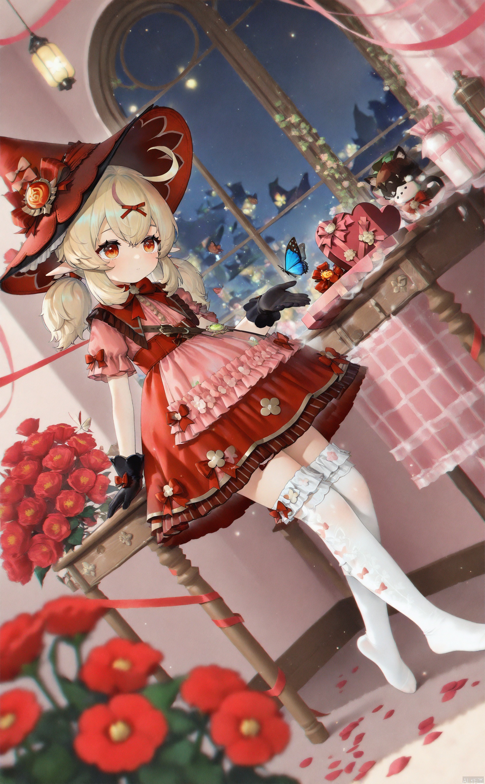 keli,1girl,gloves,pointy ears,hat,witch hat,black gloves,twintails,short sleeves,long hair,low twintails,hair between eyes,sidelocks,hair ornament,kneehighs,dress,red eyes,ahoge,red headwear,vision \(genshin impact\),bowtie,official alternate costume,no shoes,thighhighs,white thighhighs,loli,dynamic angle,lolita dress,see-through,colorful,valentine,ribbon,flat color,room,window,flower,depth of field,masterpiece,best quality,detailed,butterfly, night,onnk,chen_bin,buzhidao228 style