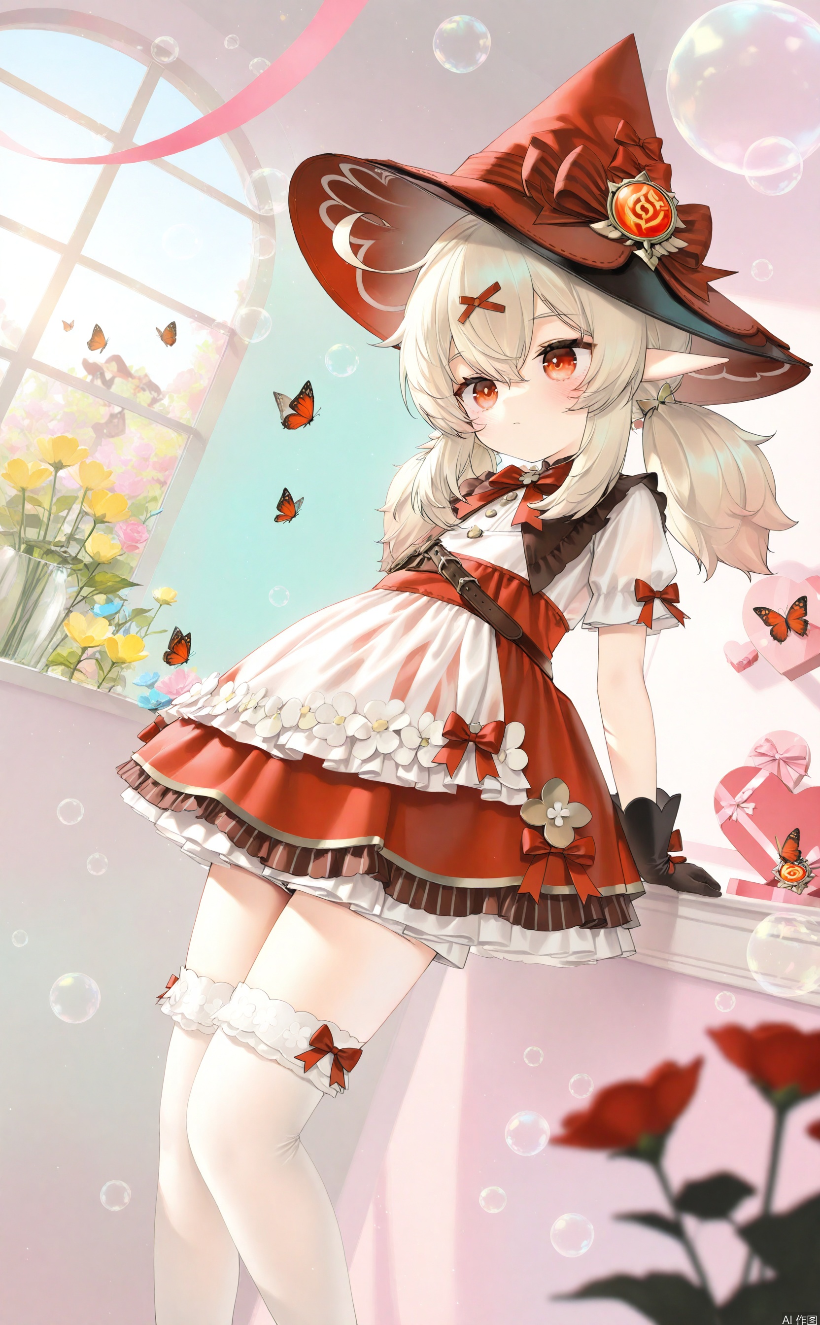keli,1girl,gloves,pointy ears,hat,witch hat,black gloves,twintails,short sleeves,long hair,low twintails,hair between eyes,sidelocks,hair ornament,kneehighs,dress,red eyes,ahoge,red headwear,vision \(genshin impact\),bowtie,official alternate costume,no shoes,thighhighs,white thighhighs,loli,dynamic angle,lolita dress,see-through,colorful,valentine,ribbon,flat color,bubble,room,window,flower,depth of field,masterpiece,best quality,detailed,butterfly, onnk,chen_bin
