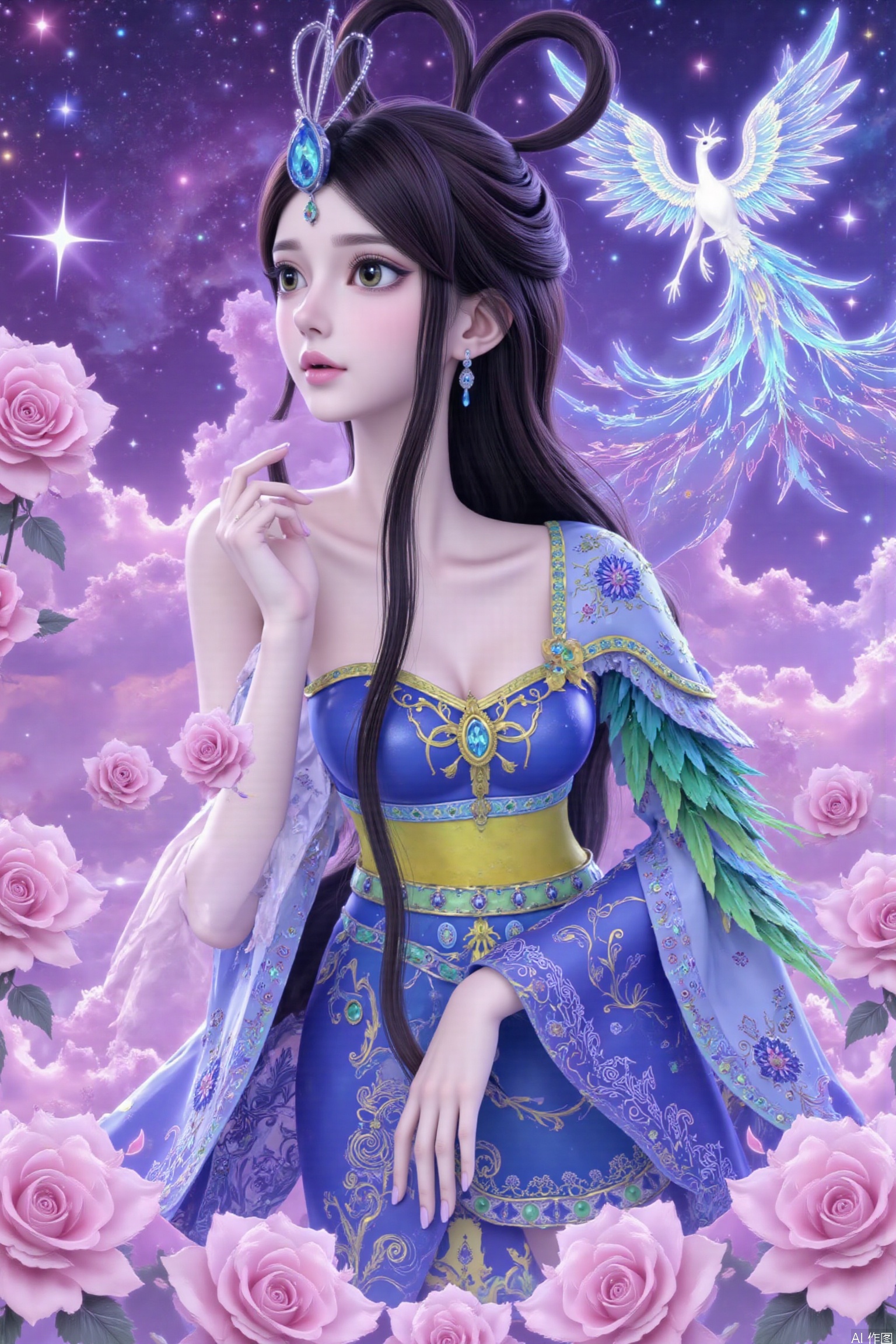 191 flat coloring. This image prompt depicts an animated woman with bright colors, detailed background and long black hair. She wears exquisite hair accessories, including headdress. Using the double exposure effect, you can see the beautiful rose sea, starry sky and stars in the sky through her silhouette. In addition, a glowing phoenix is depicted in the sky. The characters and the background blend together to create a fantastic aesthetic feeling. The overall style combines realism, 3D rendering, magical realism painting style, surrealism composition and bright colors, blurring the boundary between reality and fantasy. 1 girl, solo, long hair, brown hair, black hair, hair accessories, dress, green eyes, upper body, belt, blue dress, hair band, forehead jewel, high heels.
