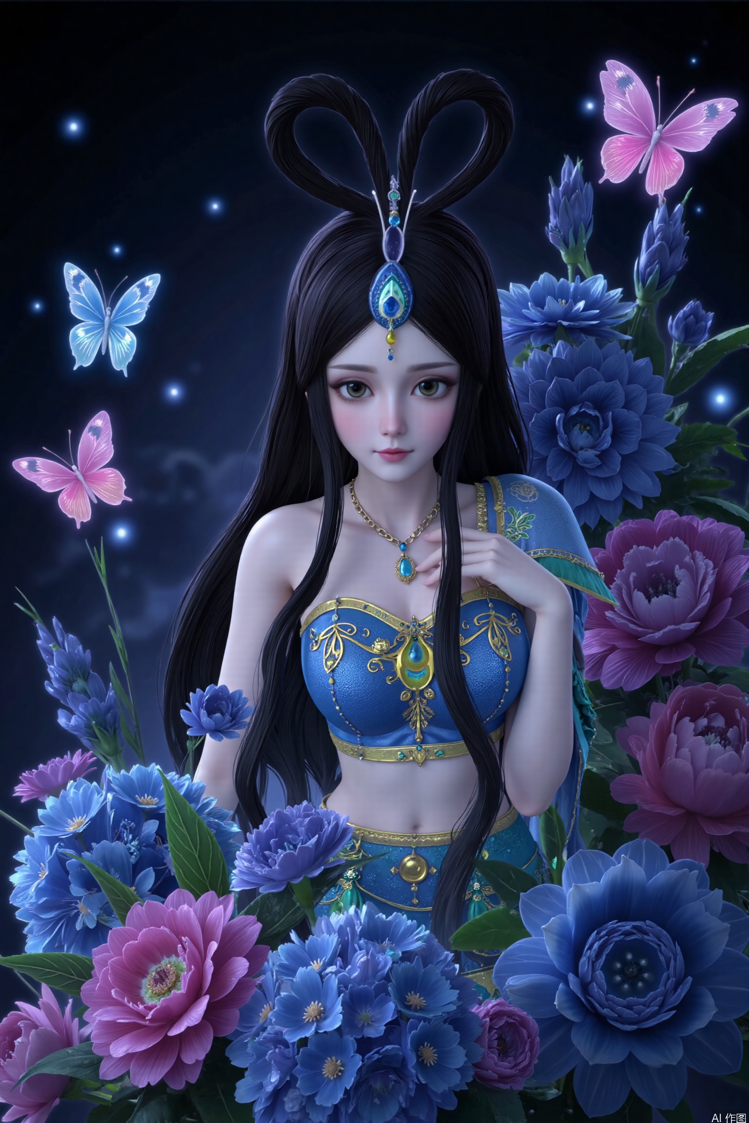 This painting depicts a quiet and ethereal scene, in which a young woman is surrounded by vibrant flowers and flying butterflies. This lady has long flowing black hair and is decorated with peacock feathers. Her dress is luxuriantly decorated and features complicated gold details. The background is dark, and small luminous spheres are scattered everywhere, which enhances the magical atmosphere. These flowers are a mixture of blue, pink and purple, creating a harmonious color mixture. Various shades of blue and pink butterflies add movement and vitality to the work.
