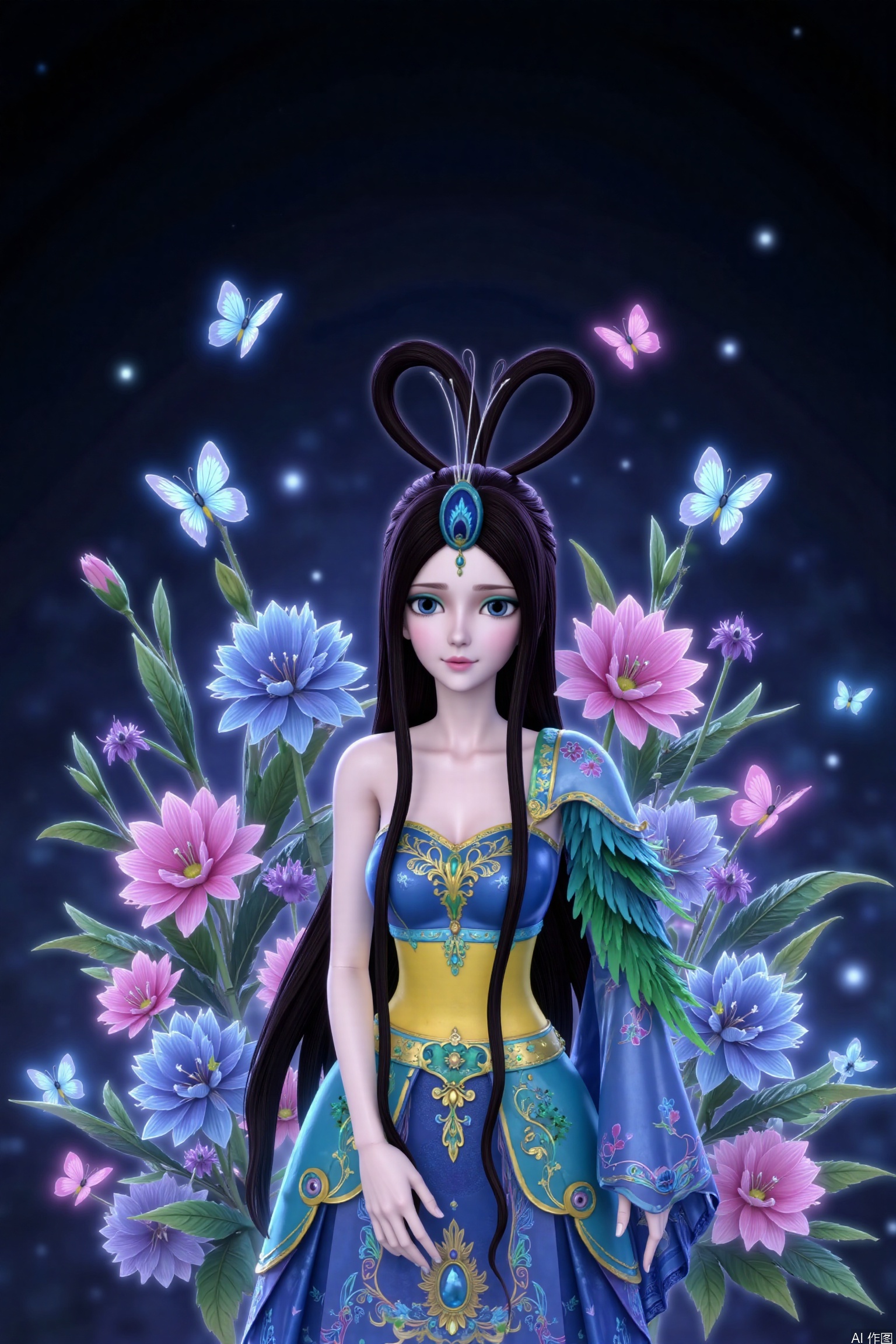 This painting depicts a quiet and ethereal scene, in which a young woman is surrounded by vibrant flowers and flying butterflies. This lady has long flowing black hair and is decorated with peacock feathers. Her dress is luxuriantly decorated and features complicated gold details. The background is dark, and small luminous spheres are scattered everywhere, which enhances the magical atmosphere. These flowers are a mixture of blue, pink and purple, creating a harmonious color mixture. Various shades of blue and pink butterflies add movement and vitality to the work.