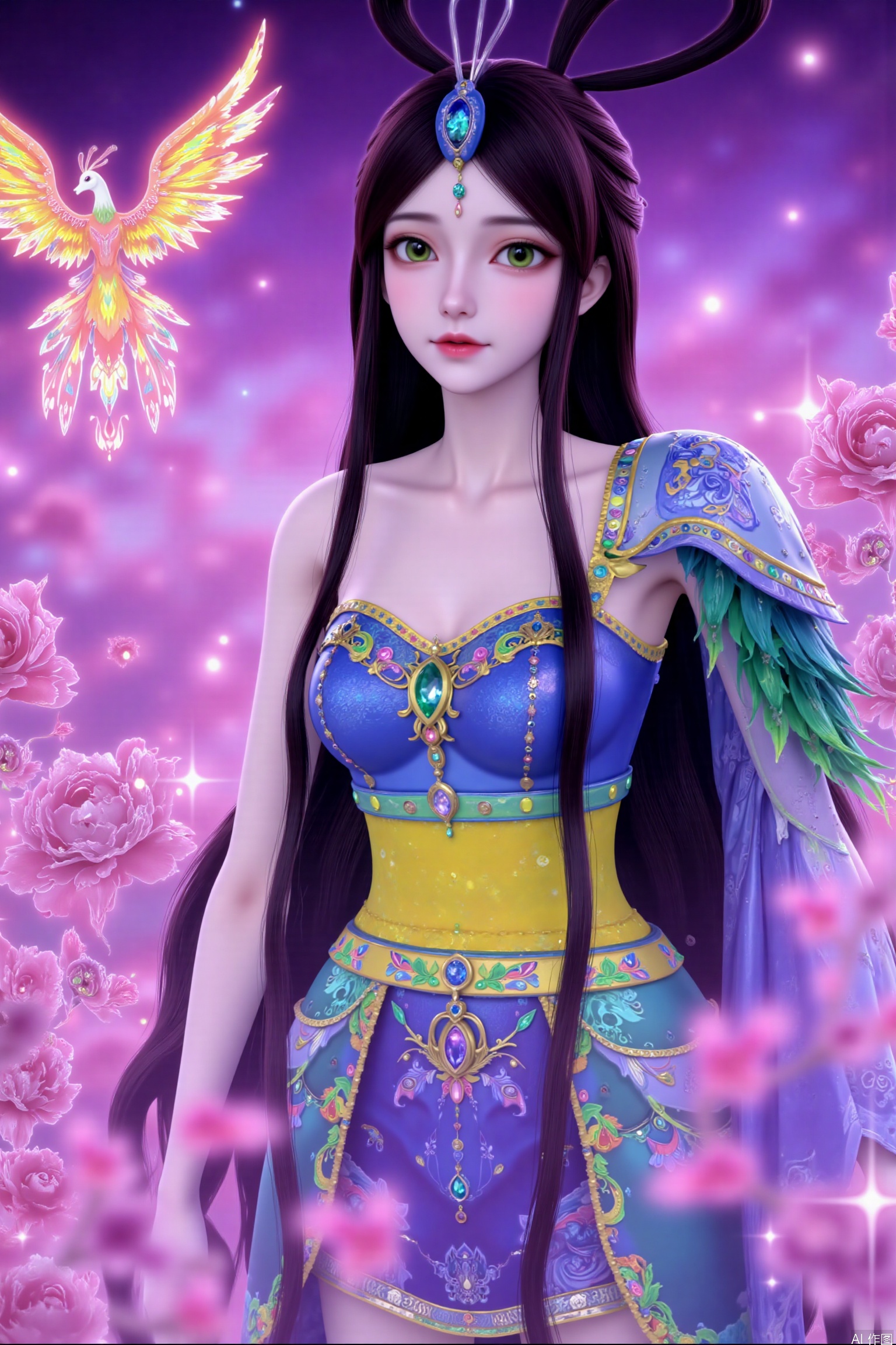 191 flat coloring. This image prompt depicts an animated woman with bright colors, detailed background and long black hair. She wears exquisite hair accessories, including headdress. Using the double exposure effect, you can see the beautiful rose sea, starry sky and stars in the sky through her silhouette. In addition, a glowing phoenix is depicted in the sky. The characters and the background blend together to create a fantastic aesthetic feeling. The overall style combines realism, 3D rendering, magical realism painting style, surrealism composition and bright colors, blurring the boundary between reality and fantasy. 1 girl, solo, long hair, brown hair, black hair, hair accessories, dress, green eyes, upper body, belt, blue dress, hair band, forehead jewel, high heels.
