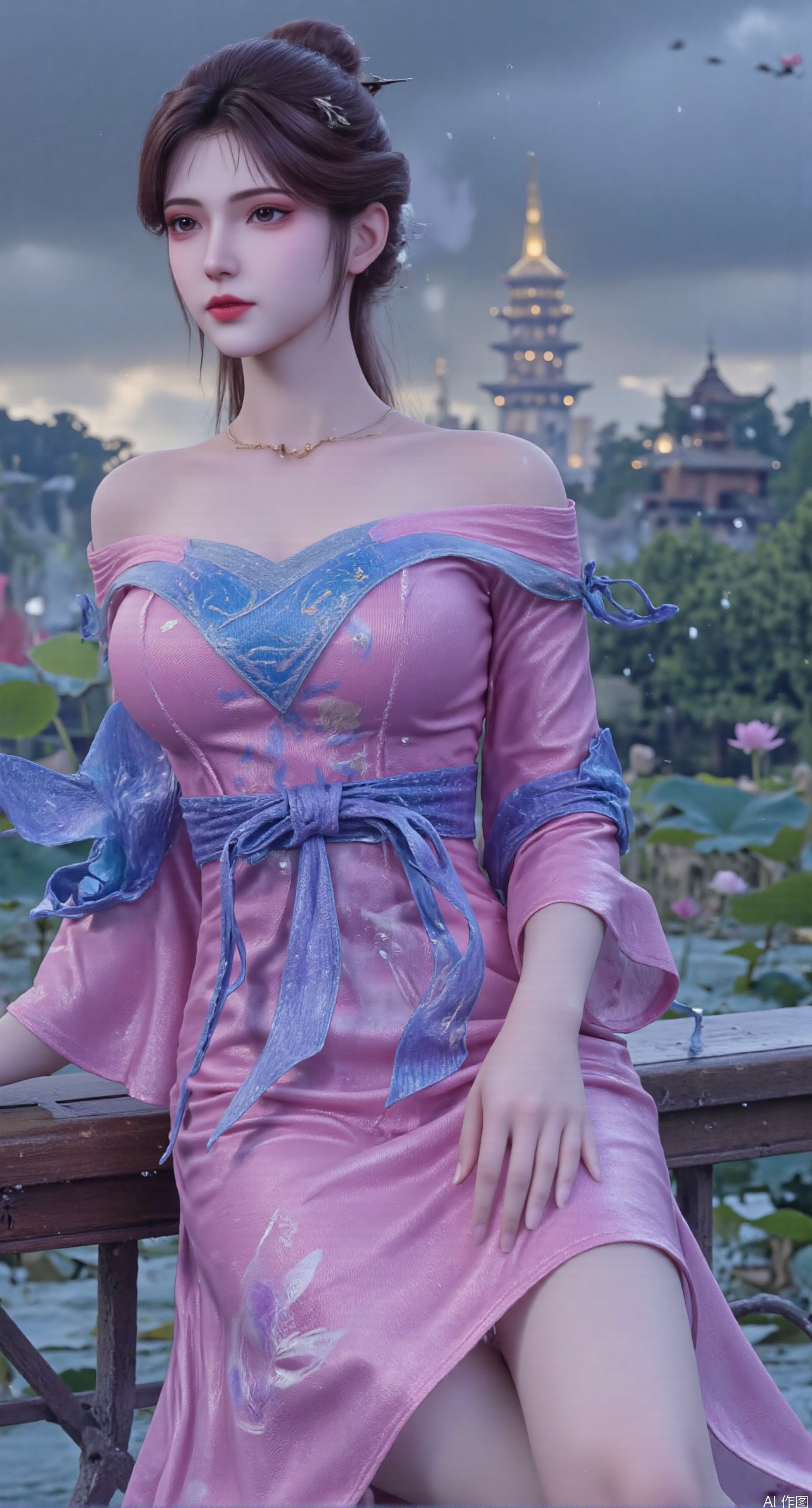  SFW,(masterpiece:1.2),best quality,1girl,solo,long hair,long dress,celestial maiden in flowing tulle gown levitates above lotus pond, ethereal mist trails from hair ribbons, mythical Penglai paradise emerges through clouds with glowing pavilions, translucent bioluminescent lotus blooms, flock of cranes gliding over water surface, ultra HD with soft 3D rendering, morning light filters through mist, falling petal rain, intricate details on scale-patterned fabric and lotus veins.(huge breasts:2.99),(full breasts:2.99),Xzhihua,Xsiyouyou,Xyanruyu,Xmoxiaonan,Xyeqingxian,Xyunwangshu,XlishaoyinY,Xxiaowu,Xyusanniang,XhuolingerHHY
