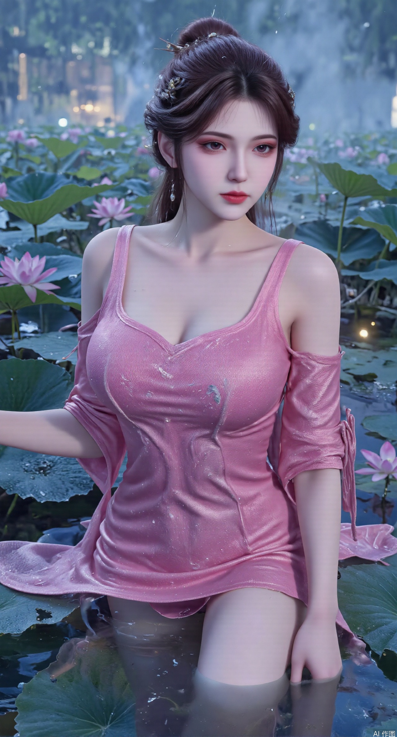  SFW,(masterpiece:1.2),best quality,1girl,solo,long hair,long dress,celestial maiden in flowing tulle gown levitates above lotus pond, ethereal mist trails from hair ribbons, mythical Penglai paradise emerges through clouds with glowing pavilions, translucent bioluminescent lotus blooms, flock of cranes gliding over water surface, ultra HD with soft 3D rendering, morning light filters through mist, falling petal rain, intricate details on scale-patterned fabric and lotus veins.(huge breasts:2.99),(full breasts:2.99),Xzhihua,Xsiyouyou,Xyanruyu,Xmoxiaonan,Xyeqingxian,Xyunwangshu,XlishaoyinY,Xxiaowu,Xyusanniang,XhuolingerHHY