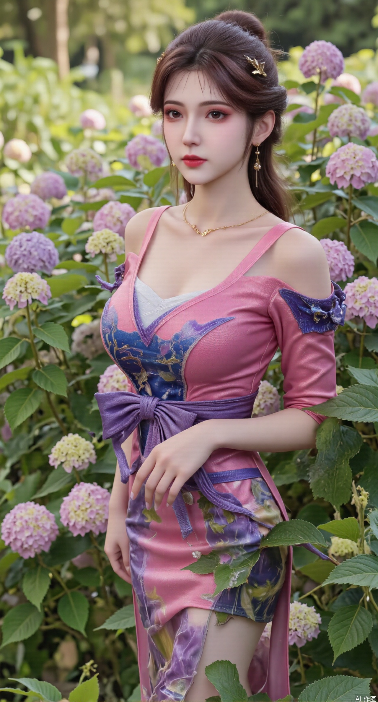  SFW,(masterpiece:1.2),best quality,absurdres,masterpiece,original,extremely detailed wallpaper,perfect lighting,1girl,solo,looking at viewer,(cowboy_shot:1.3),long hair,high heels,blurry background,depth of field,motion blur,(long dress:1.23),china_dress,chinese_style,bare shouders,crystal_earrings,headpiece,hair_tie,chest_jewel,gem,necklace,jewelry,in summer,day,outdoors,nature,garden,,(standing,Hydrangea, Hydrangea Field:1.59),(huge breasts:2.99),(full breasts:2.99),Xzhihua,Xsiyouyou,Xyanruyu,Xmoxiaonan,Xyeqingxian,Xyunwangshu,XlishaoyinY,Xxiaowu,Xyusanniang,XhuolingerHHY