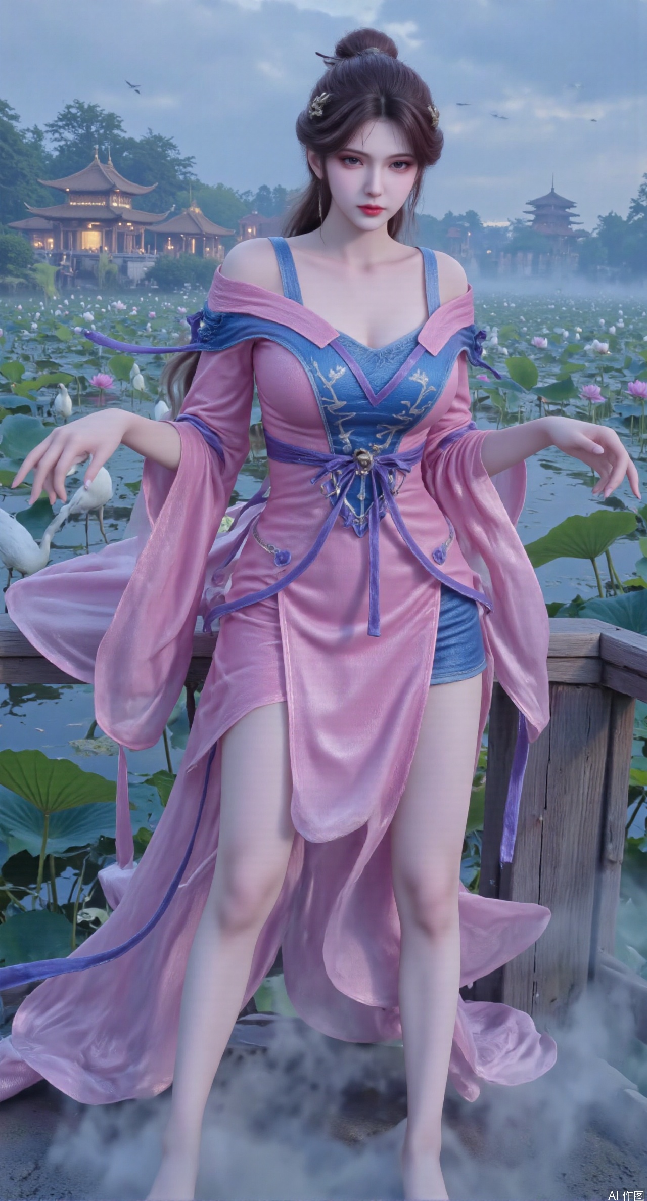  SFW,(masterpiece:1.2),best quality,1girl,solo,long hair,long dress,celestial maiden in flowing tulle gown levitates above lotus pond, ethereal mist trails from hair ribbons, mythical Penglai paradise emerges through clouds with glowing pavilions, translucent bioluminescent lotus blooms, flock of cranes gliding over water surface, ultra HD with soft 3D rendering, morning light filters through mist, falling petal rain, intricate details on scale-patterned fabric and lotus veins.(huge breasts:2.99),(full breasts:2.99),Xzhihua,Xsiyouyou,Xyanruyu,Xmoxiaonan,Xyeqingxian,Xyunwangshu,XlishaoyinY,Xxiaowu,Xyusanniang,XhuolingerHHY