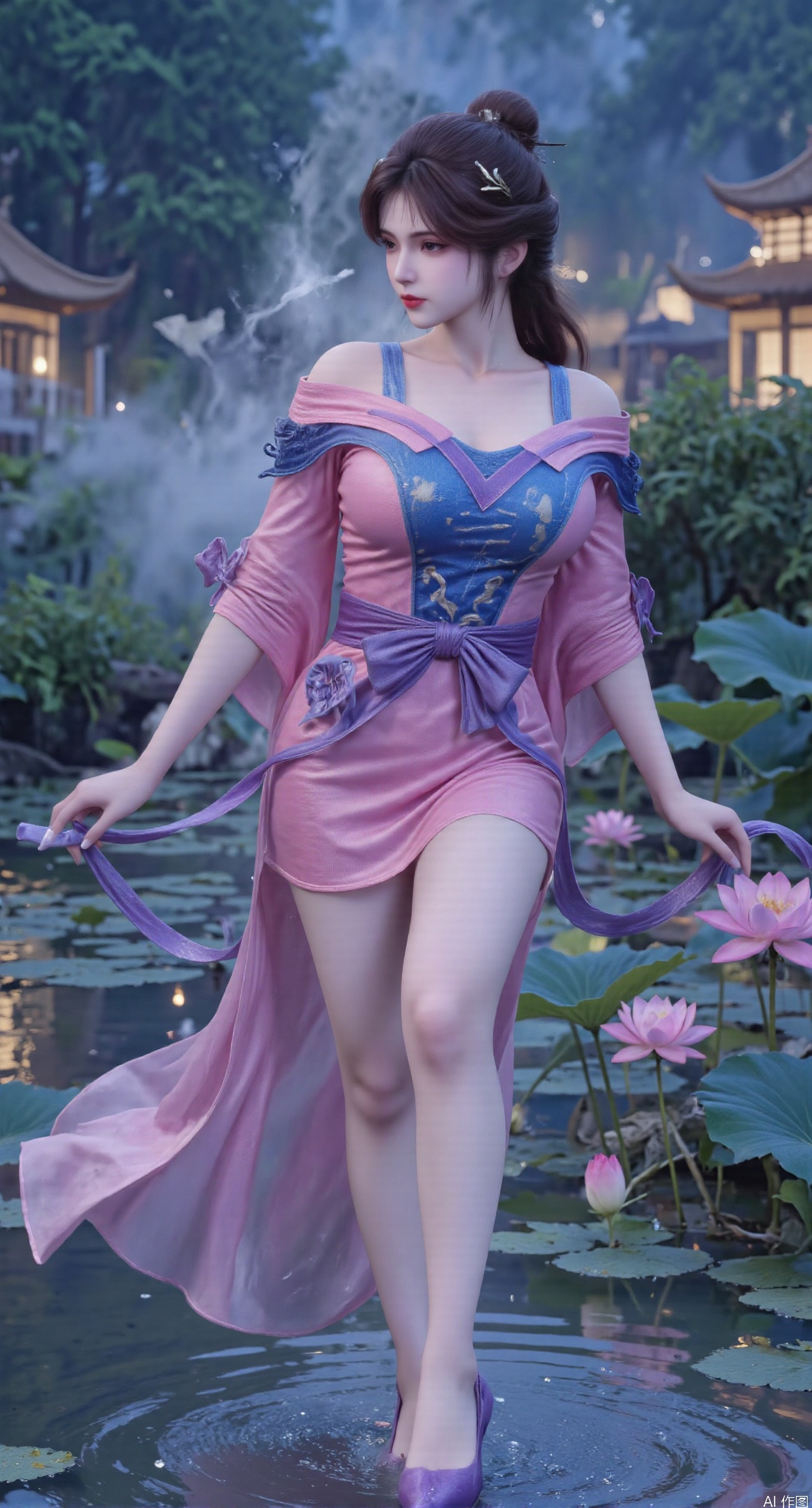  SFW,(masterpiece:1.2),best quality,1girl,solo,long hair,long dress,celestial maiden in flowing tulle gown levitates above lotus pond, ethereal mist trails from hair ribbons, mythical Penglai paradise emerges through clouds with glowing pavilions, translucent bioluminescent lotus blooms, flock of cranes gliding over water surface, ultra HD with soft 3D rendering, morning light filters through mist, falling petal rain, intricate details on scale-patterned fabric and lotus veins.(huge breasts:2.99),(full breasts:2.99),Xzhihua,Xsiyouyou,Xyanruyu,Xmoxiaonan,Xyeqingxian,Xyunwangshu,XlishaoyinY,Xxiaowu,Xyusanniang,XhuolingerHHY