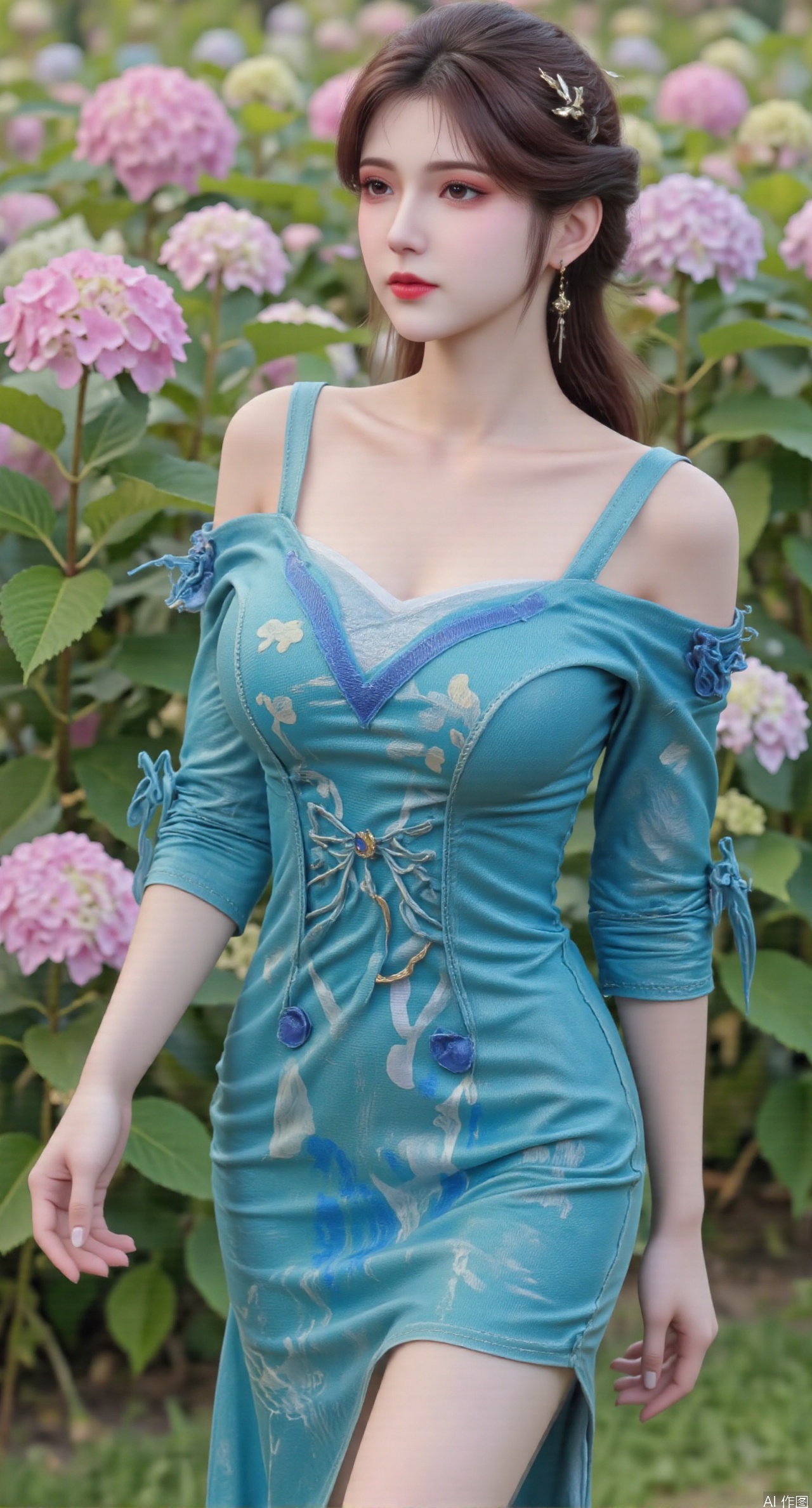  SFW,(masterpiece:1.2),best quality,absurdres,masterpiece,original,extremely detailed wallpaper,perfect lighting,1girl,solo,looking at viewer,(cowboy_shot:1.3),long hair,high heels,blurry background,depth of field,motion blur,(long dress:1.23),china_dress,chinese_style,bare shouders,crystal_earrings,headpiece,hair_tie,chest_jewel,gem,necklace,jewelry,in summer,day,outdoors,nature,garden,,(standing,Hydrangea, Hydrangea Field:1.59),(huge breasts:2.99),(full breasts:2.99),Xzhihua,Xsiyouyou,Xyanruyu,Xmoxiaonan,Xyeqingxian,Xyunwangshu,XlishaoyinY,Xxiaowu,Xyusanniang,XhuolingerHHY