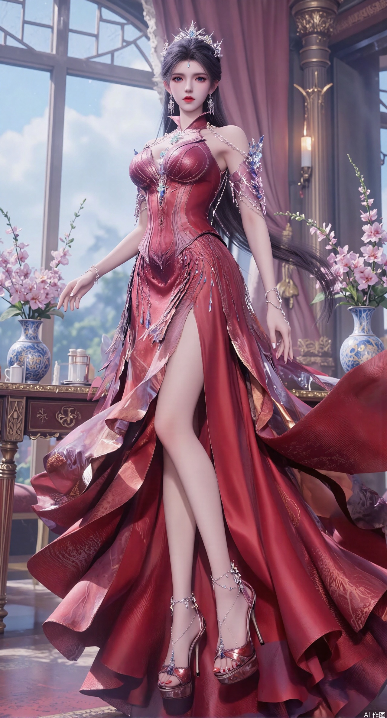 Ultra clear, wallpaper, 8k, masterpiece, 1girl, solo, long hair, breasts, looking at viewer, bangs, large breasts,long dress,, bare shoulders, jewelry, black hair, standing, purple eyes, full body, flower, thighs, indoors, hair bun, red dress, high heels, cup, see-through, book, bare legs, window, table, red footwear, standing on one leg, curtains, pink flower, side slit, vase, ,(huge breasts:2.99),(full breasts:2.99),phone screen,XanmiaoyiY,XhuolingerHHY,XwangqiuerKQW,Xxuenv