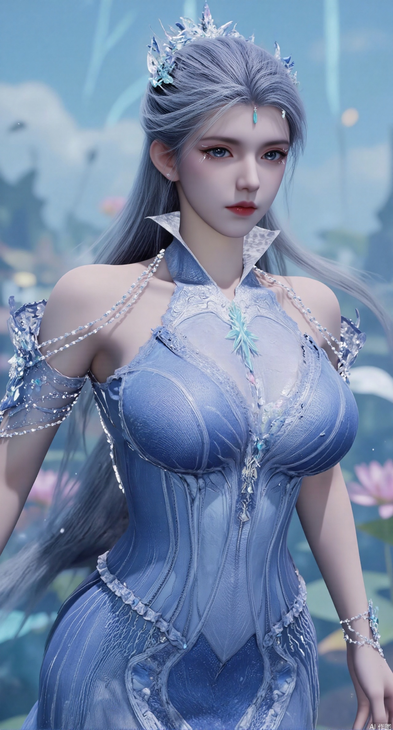 SFW,(masterpiece:1.2),best quality,1girl,solo,long hair,long dress,celestial maiden in flowing tulle gown levitates above lotus pond, ethereal mist trails from hair ribbons, mythical Penglai paradise emerges through clouds with glowing pavilions, translucent bioluminescent lotus blooms, flock of cranes gliding over water surface, ultra HD with soft 3D rendering, morning light filters through mist, falling petal rain, intricate details on scale-patterned fabric and lotus veins.(huge breasts:2.99),(full breasts:2.99),,XtianqiongY,XliumeiY,XyueliuY,Xxiaowu,Xyusanniang,Xxuenv