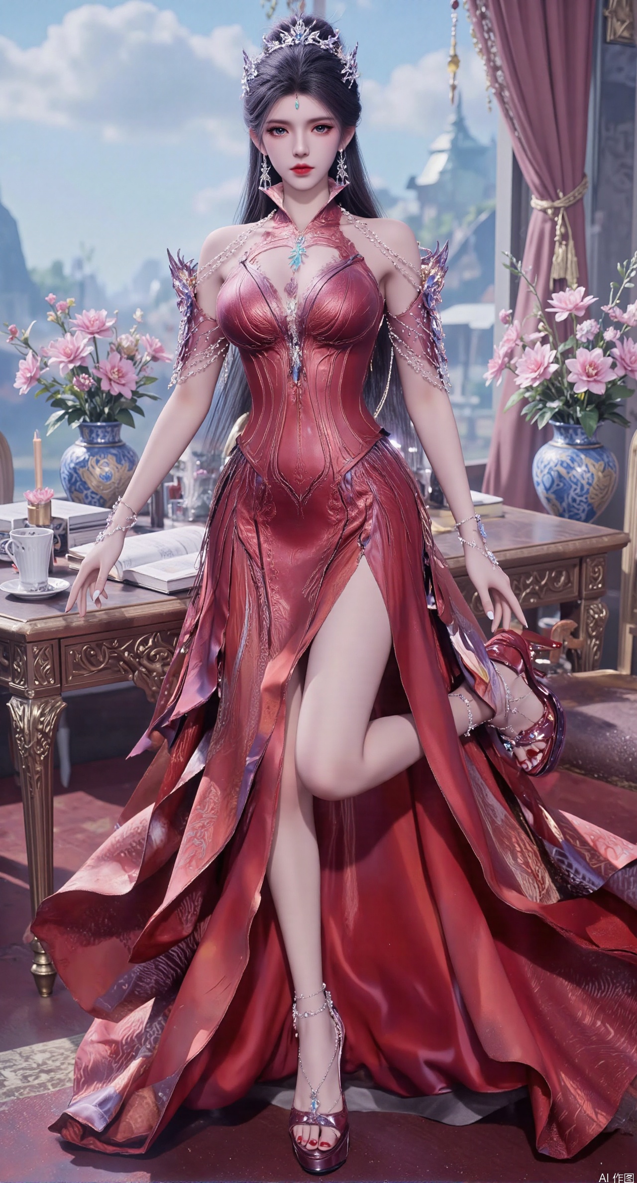 Ultra clear, wallpaper, 8k, masterpiece, 1girl, solo, long hair, breasts, looking at viewer, bangs, large breasts,long dress,, bare shoulders, jewelry, black hair, standing, purple eyes, full body, flower, thighs, indoors, hair bun, red dress, high heels, cup, see-through, book, bare legs, window, table, red footwear, standing on one leg, curtains, pink flower, side slit, vase, ,(huge breasts:2.99),(full breasts:2.99),phone screen,XanmiaoyiY,XhuolingerHHY,XwangqiuerKQW,Xxuenv