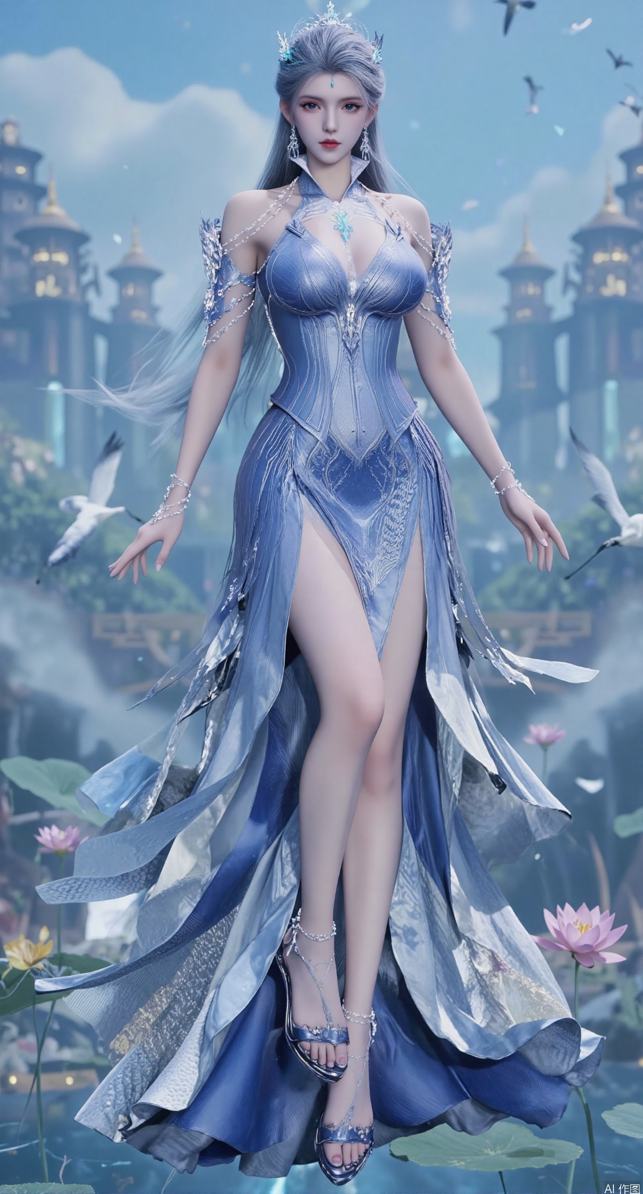 SFW,(masterpiece:1.2),best quality,1girl,solo,long hair,long dress,celestial maiden in flowing tulle gown levitates above lotus pond, ethereal mist trails from hair ribbons, mythical Penglai paradise emerges through clouds with glowing pavilions, translucent bioluminescent lotus blooms, flock of cranes gliding over water surface, ultra HD with soft 3D rendering, morning light filters through mist, falling petal rain, intricate details on scale-patterned fabric and lotus veins.(huge breasts:2.99),(full breasts:2.99),,XtianqiongY,XliumeiY,XyueliuY,Xxiaowu,Xyusanniang,Xxuenv